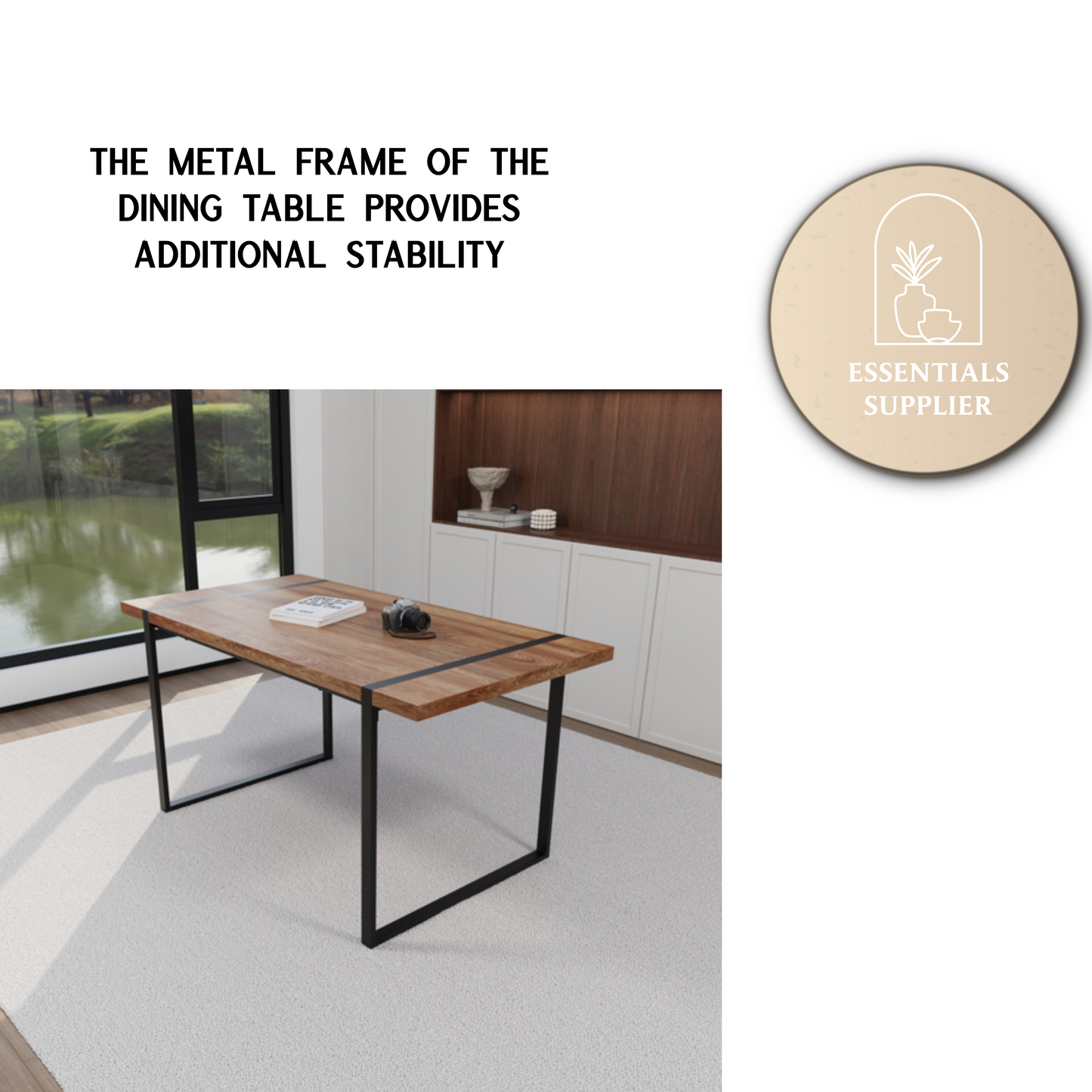 59" Wood Dining Table Set w/ 4 Suede Chairs | Industrial Metal Frame Design