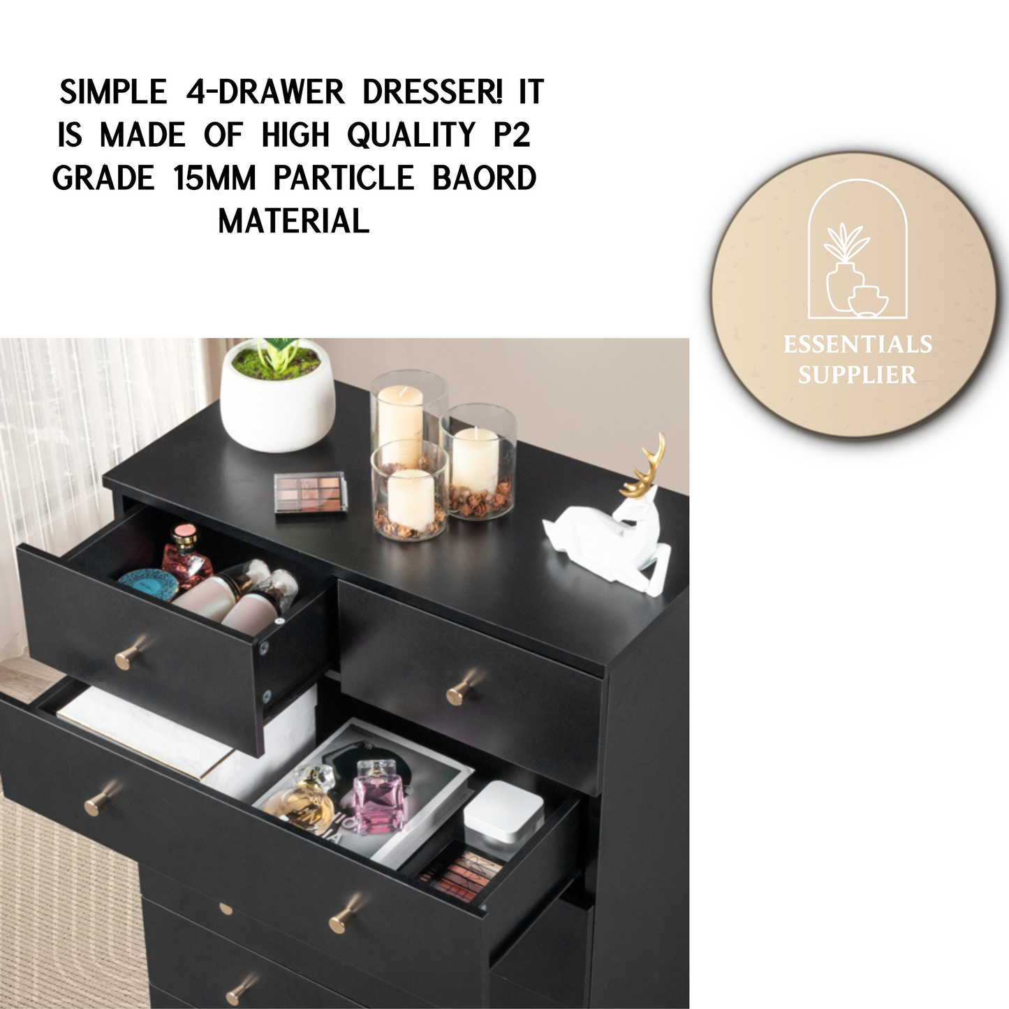 Modern Black 4-Drawer Dresser – Space-Saving Storage Cabinet for Bedroom or Living Room