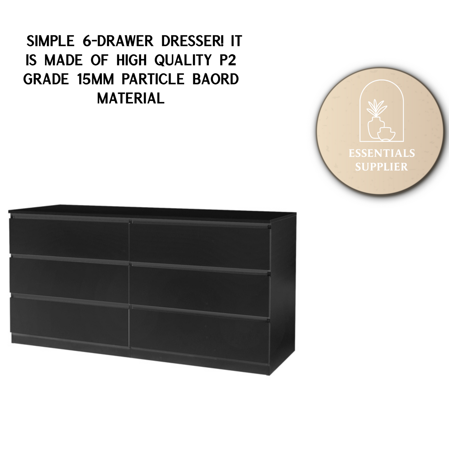 Black 6-Drawer Double Dresser – Wide Modern Storage Cabinet for Bedroom or Entryway
