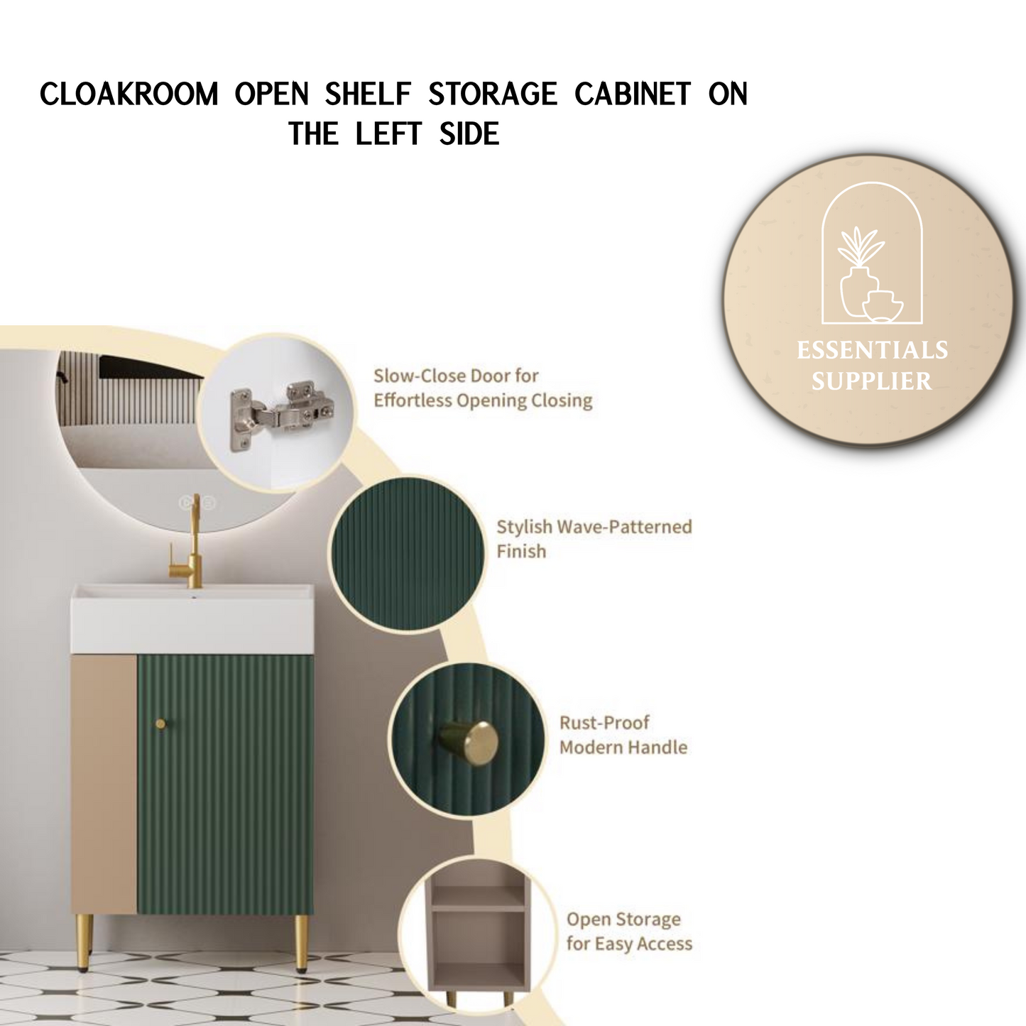 21.6" Bathroom Vanity with Sink, Open Shelf & Soft-Close Door, Green
