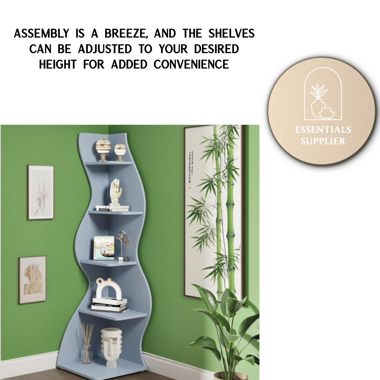 Bookcase Wavy 5-Tier Blue Corner Bookshelf – Modern Sculpted Storage Rack