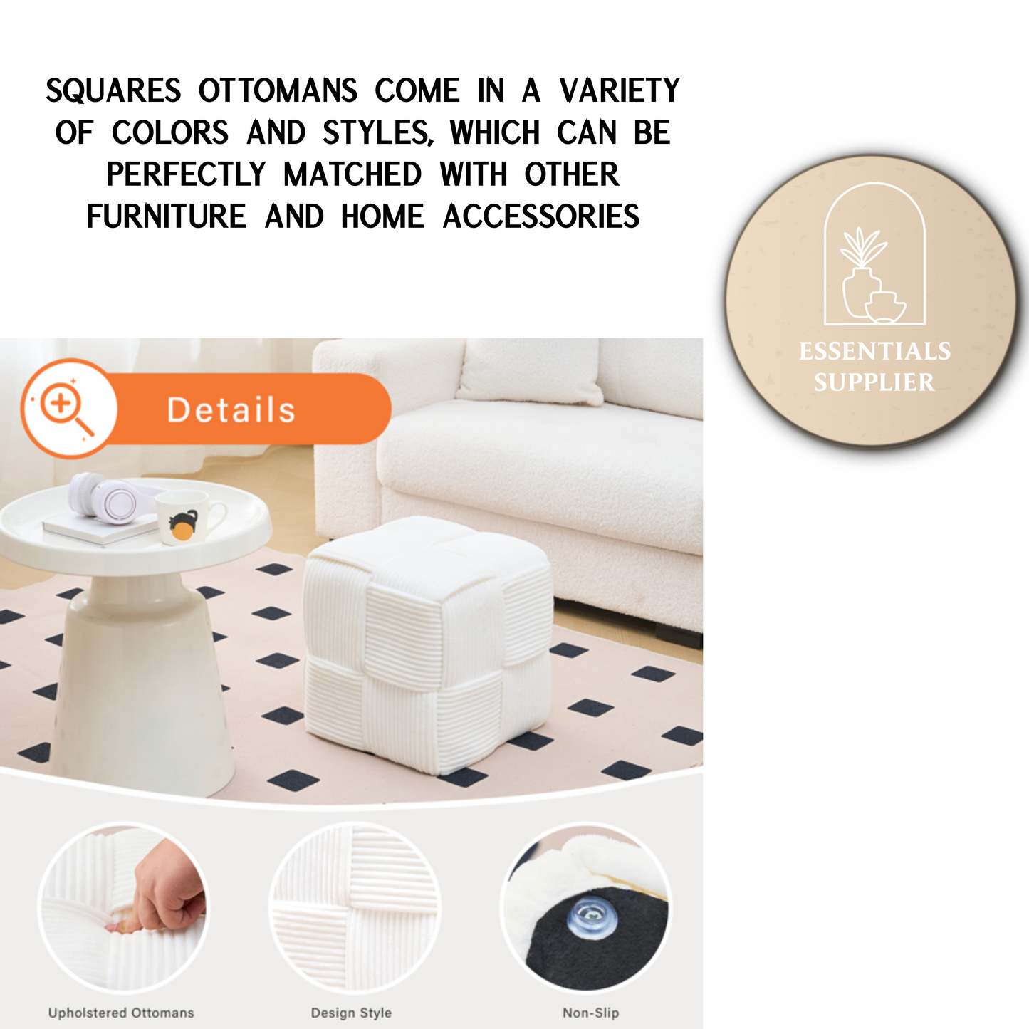 White Corduroy Ottoman Vanity Stool – Square Footrest for Bedroom & Entryway