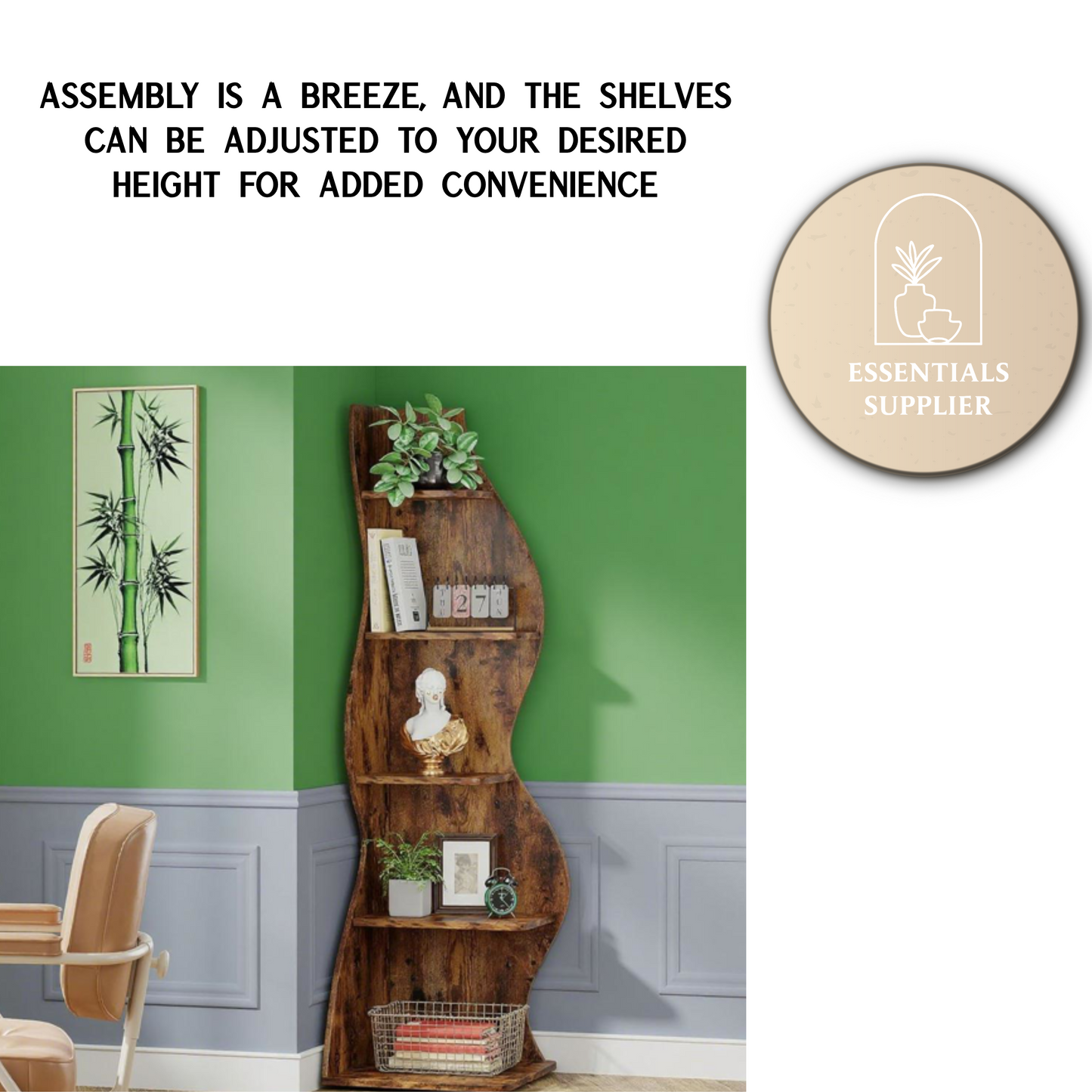 Brown Wavy 5-Tier Corner Bookshelf – Modern Sculpted Bookcase Storage Rack