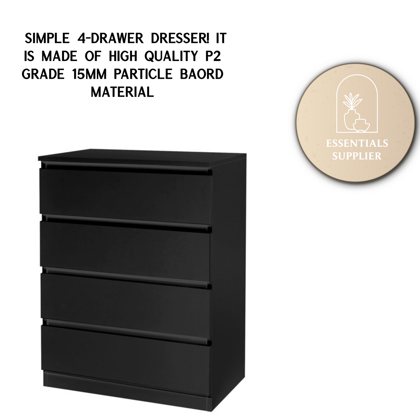 Black Wood 4-Drawer Dresser – Modern Storage Cabinet