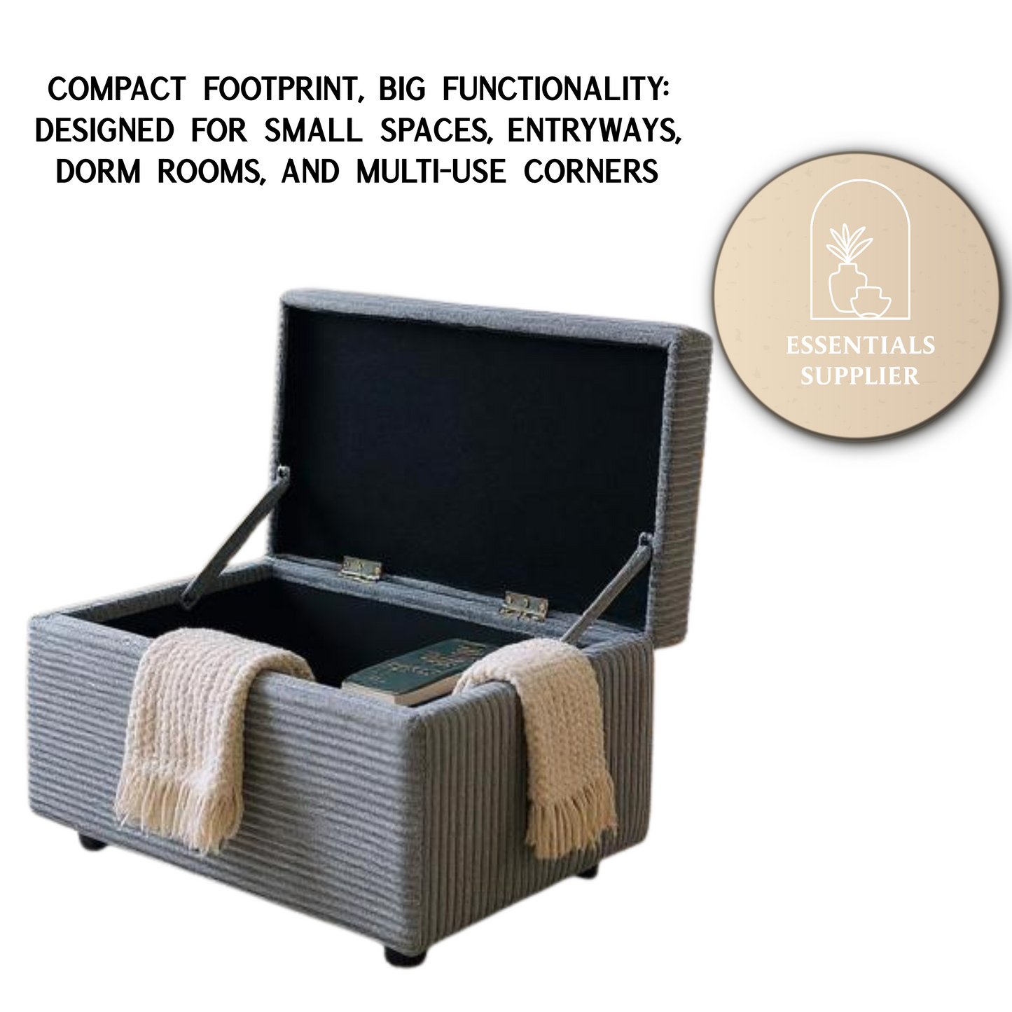 Dark Gray Corduroy Storage Ottoman Bench with Hidden Compartment – 24.8