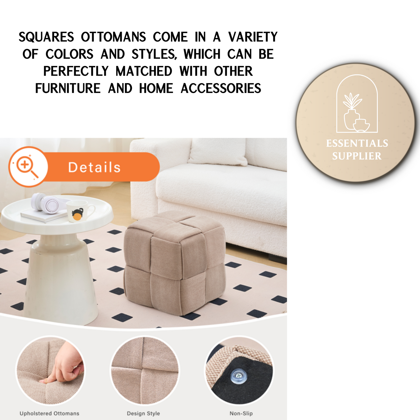 Brown Corduroy Ottoman Vanity Stool – Square Footrest for Bedroom & Entryway