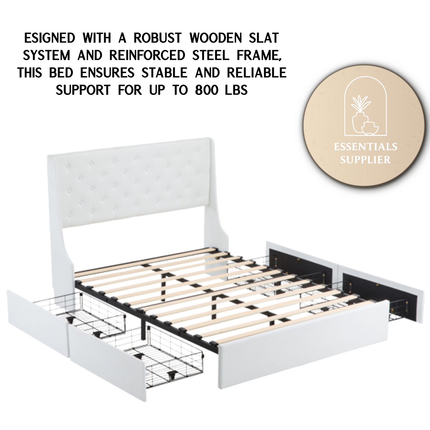Queen Upholstered Storage Bed Frame with 4 Drawers & Wingback Tufted Headboard
