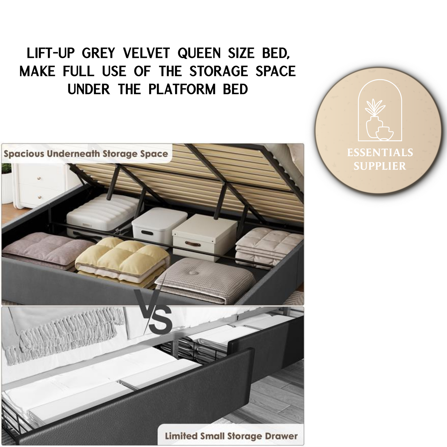 Lift-Up Storage Queen Bed – Velvet Upholstered Platform Bed Frame, Grey