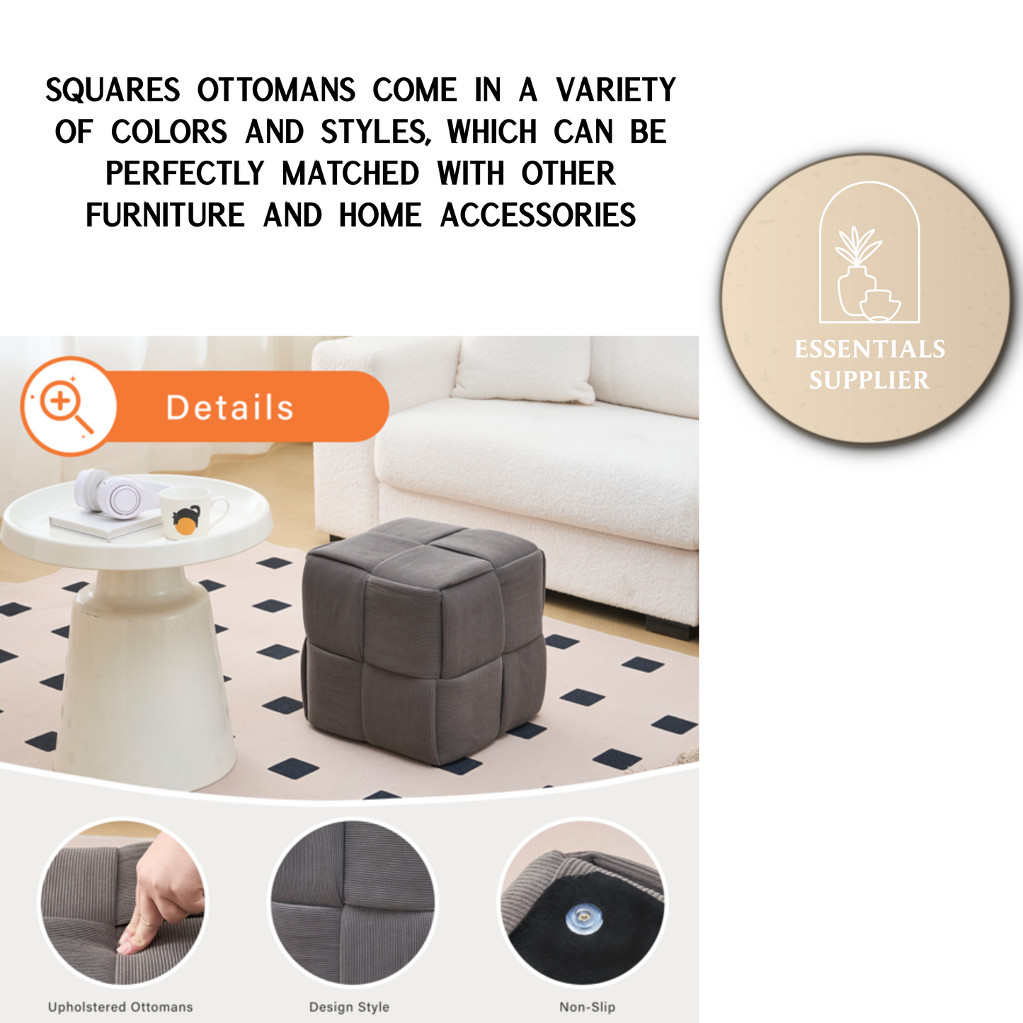 Grey Corduroy Ottoman Vanity Stool – Square Footrest for Bedroom & Entryway