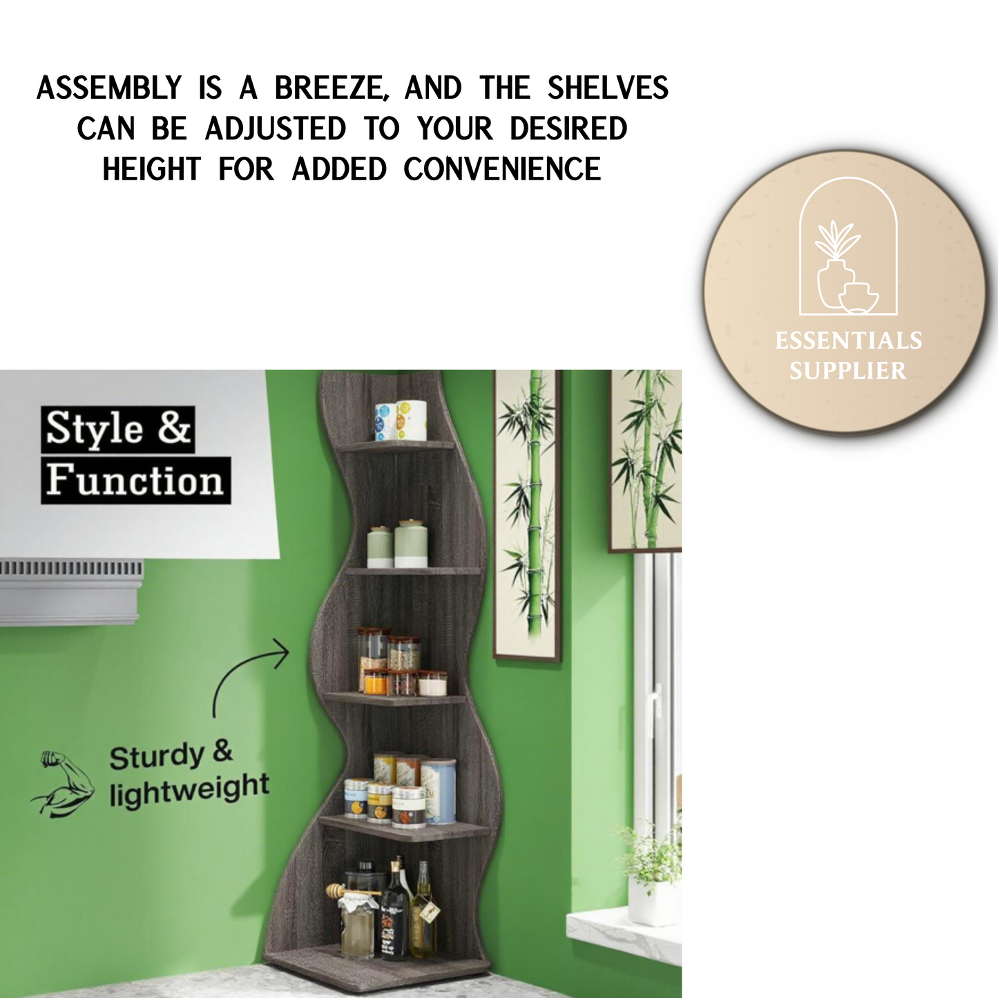 Dark Brown Wavy 5-Tier Corner Bookshelf – Modern Sculpted Bookcase Storage Rack