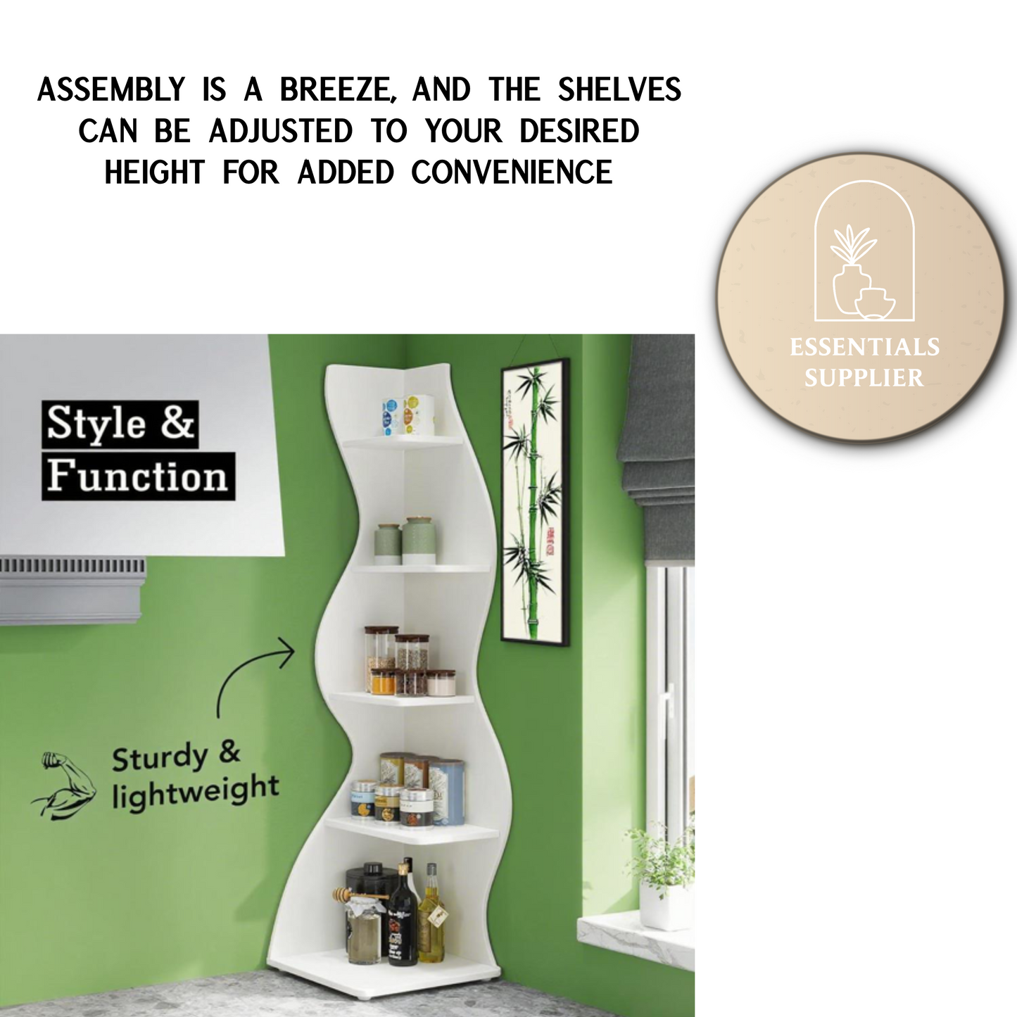 Bookcase Wavy 5-Tier White Corner Bookshelf – Modern Sculpted Storage Rack