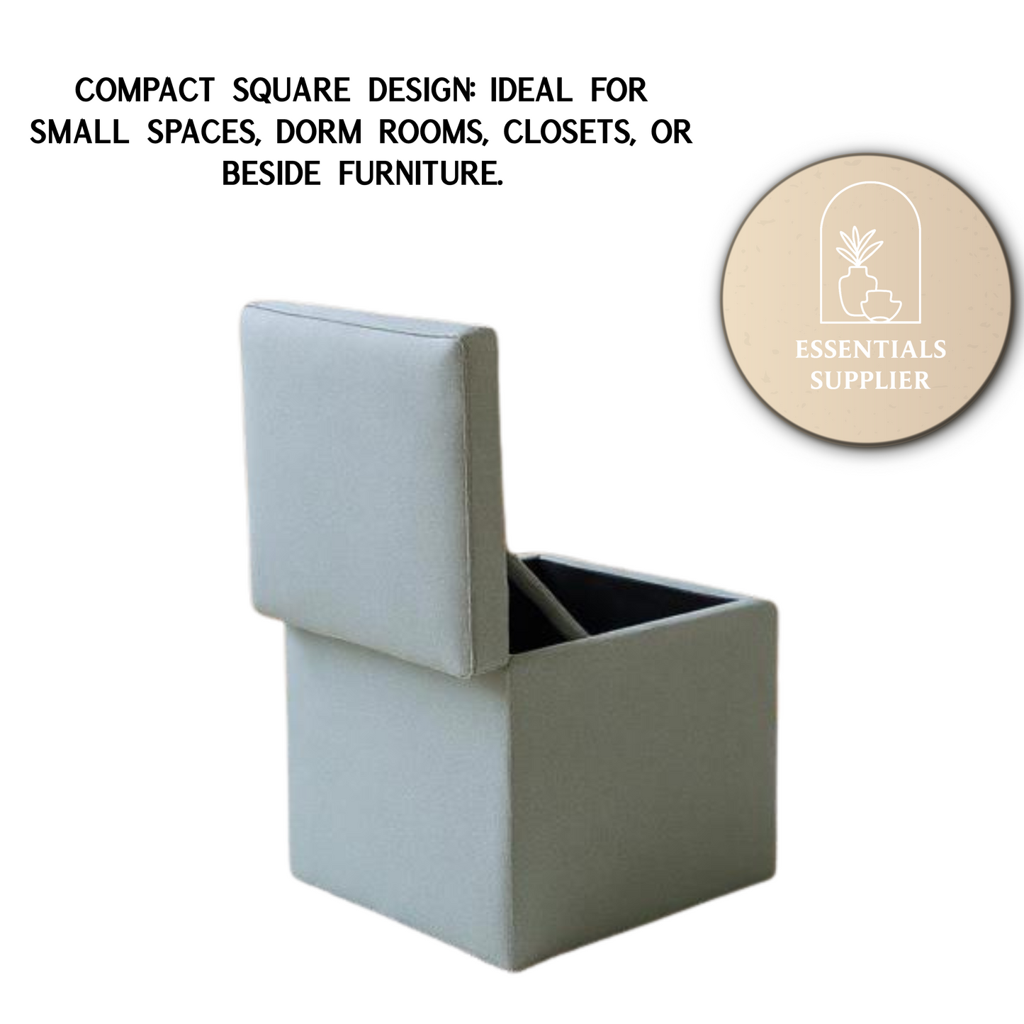 Gray Linen Storage Ottoman with Hidden Compartment – 16.5” Cube Seat