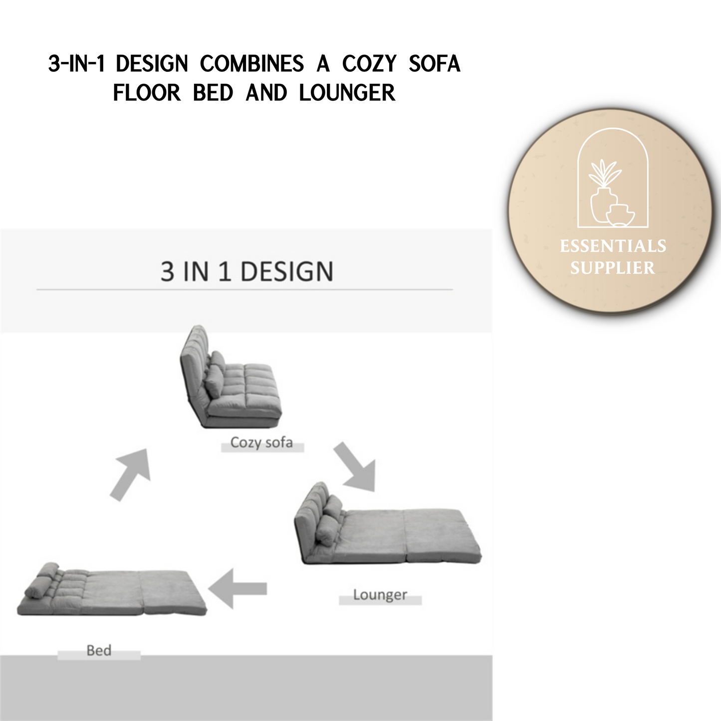 3-in-1 Adjustable Floor Sofa Bed with Backrest & Headrest – Light Gray