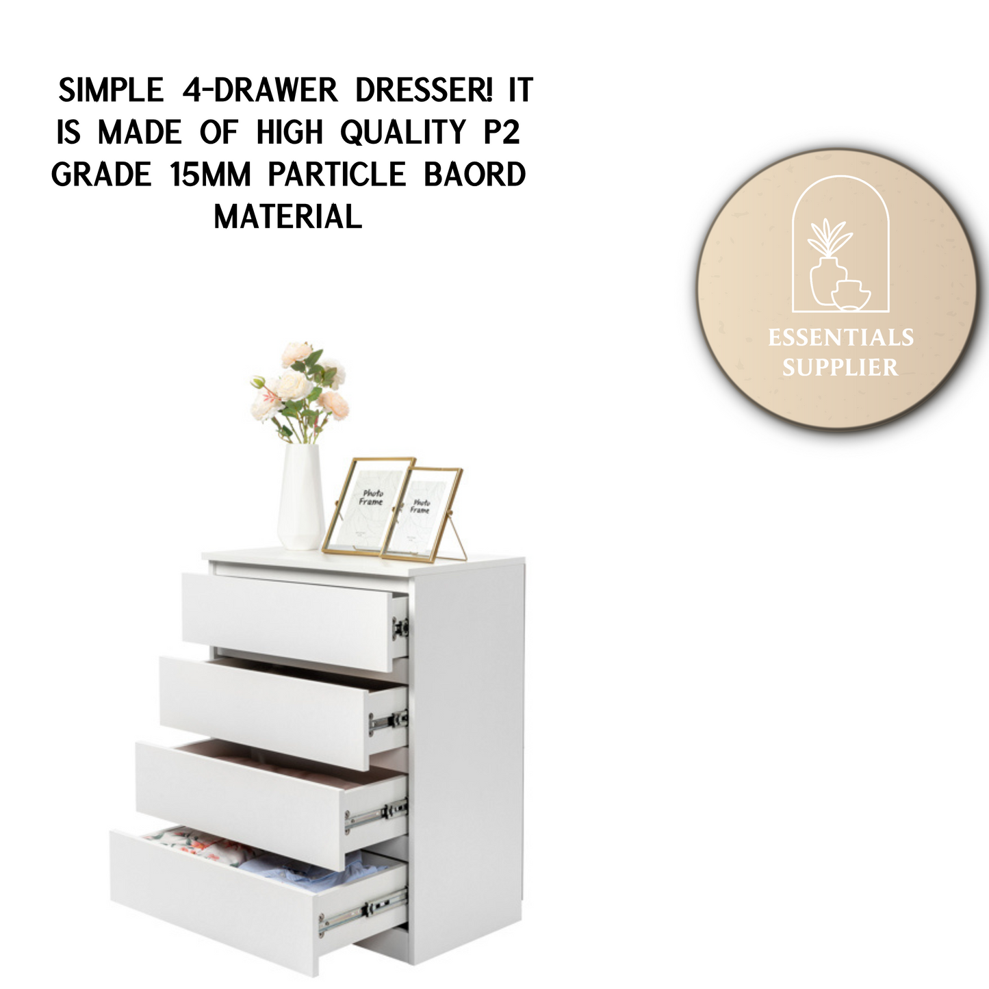 White Wood 4-Drawer Dresser – Compact Storage Cabinet for Bedroom or Living Room