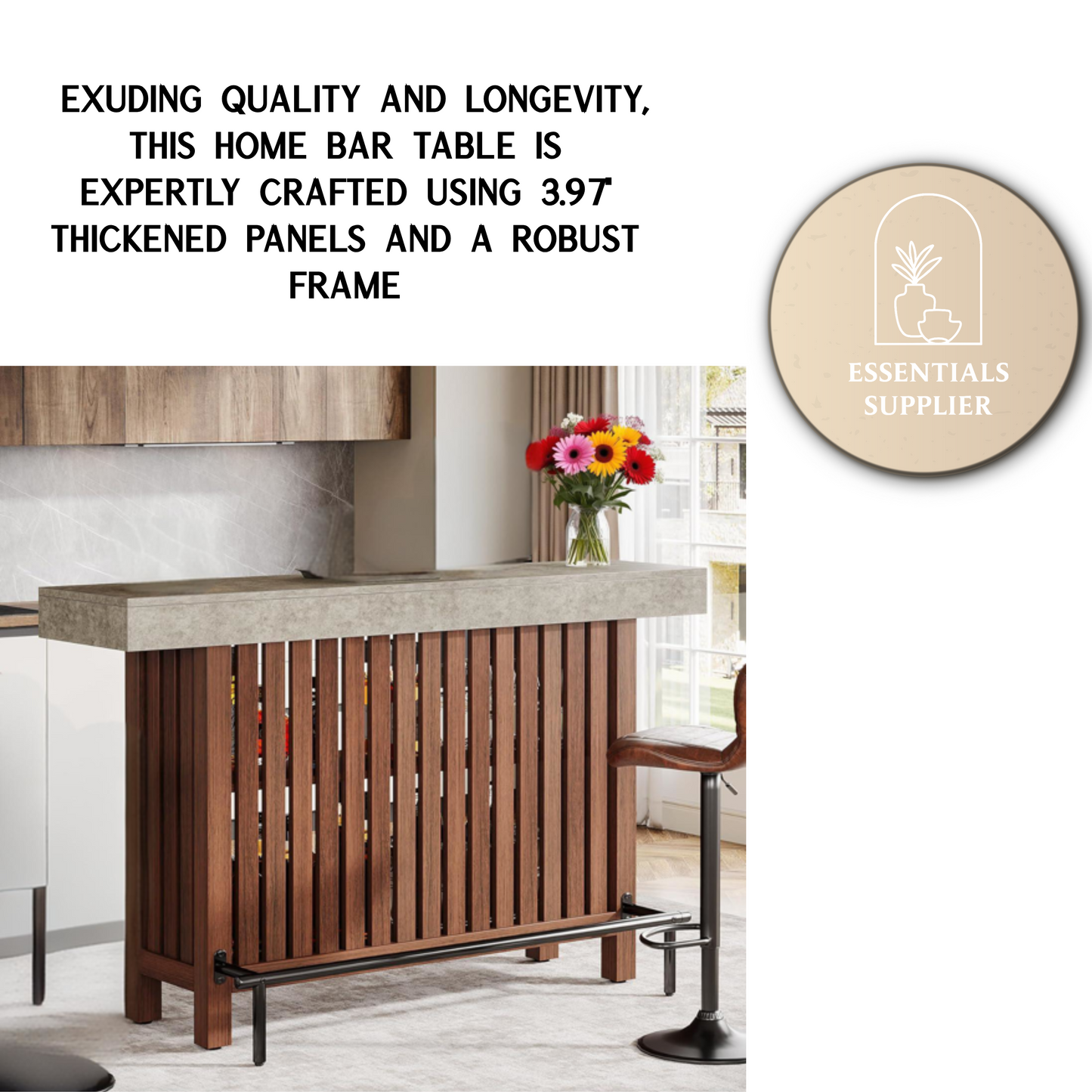 63" Brown Modern Bar Table with 2-Tier Storage, Footrest & Cement Texture Finish