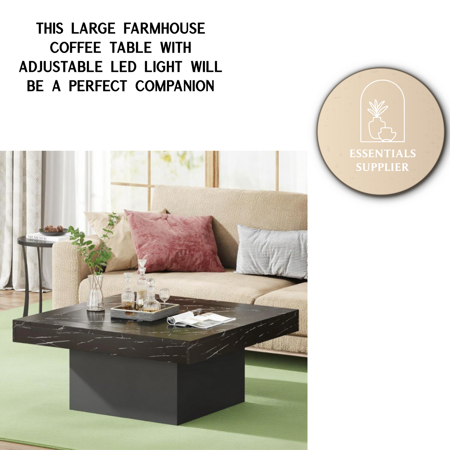 Rustic LED Coffee Table with Square Top & Modern Base – 35” Wood Accent