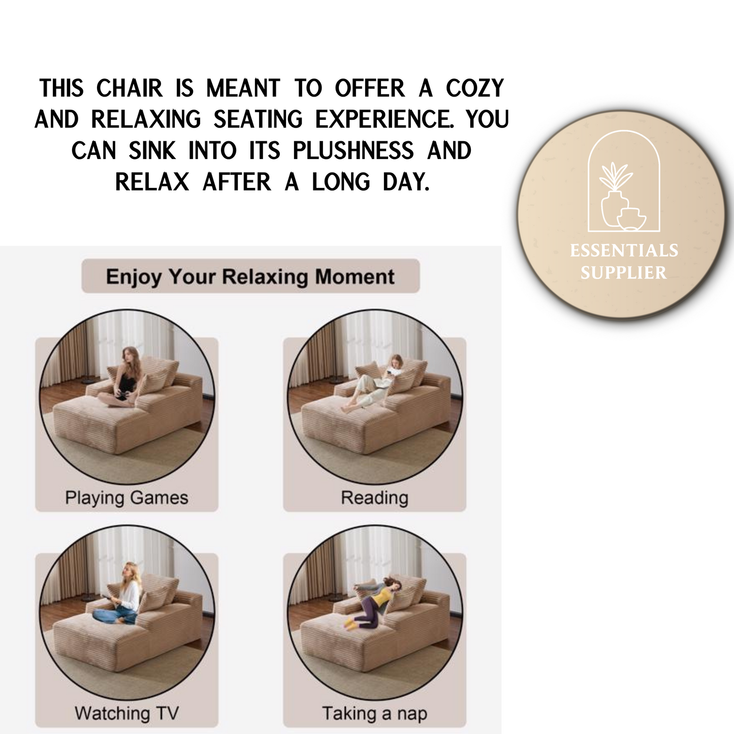 Oversized Chaise Lounge Chair – Plush Corduroy Cloud Couch with 3 Pillows, Beige