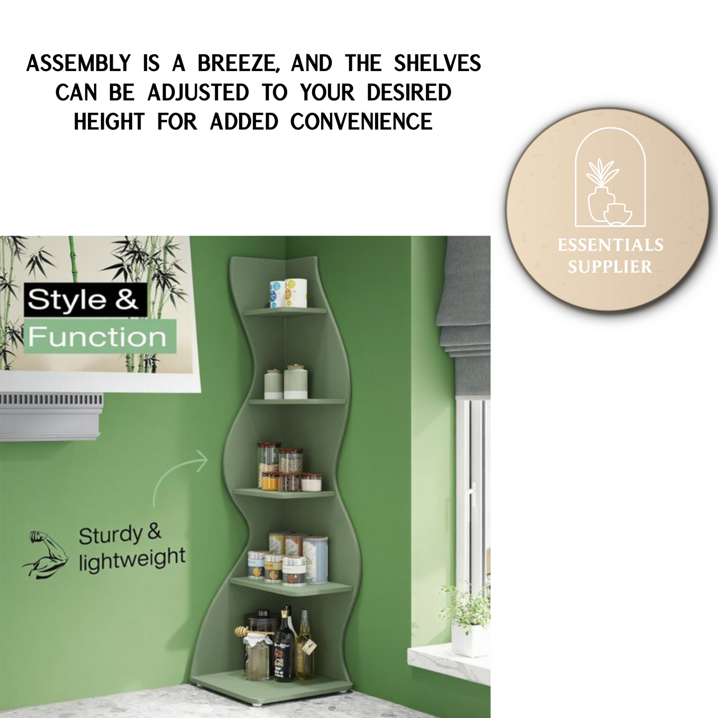 Bookcase Wavy 5-Tier Green Corner Bookshelf – Modern Sculpted Storage Rack