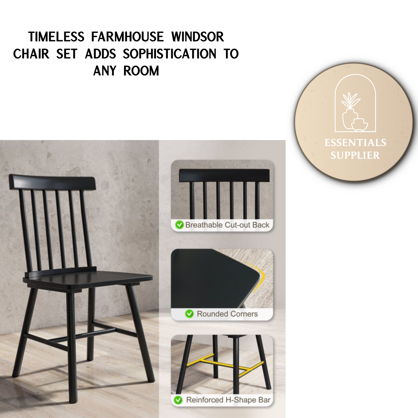 Black Wooden Farmhouse Dining Chairs – Set of 2