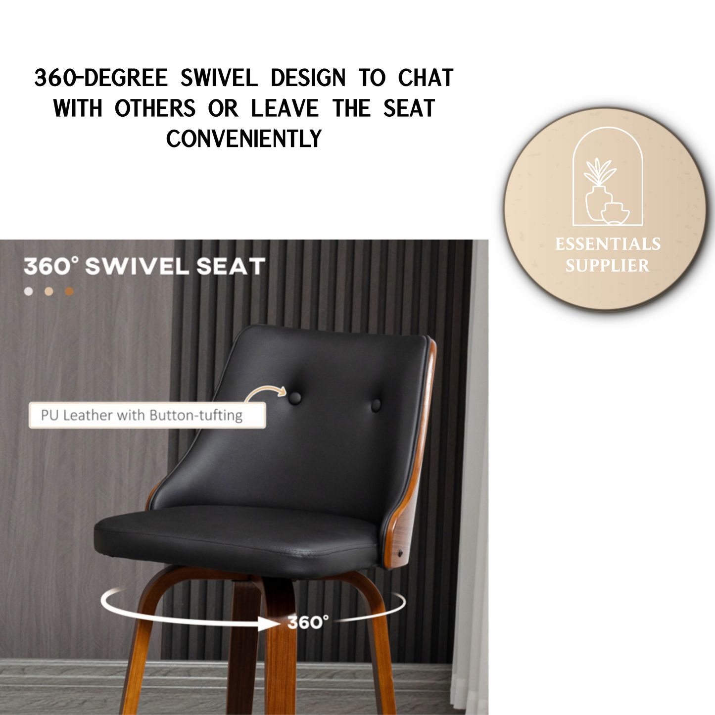 Set of 2 Black PU Leather Wingback Swivel Bar Stools with Tufted Back & Footrest