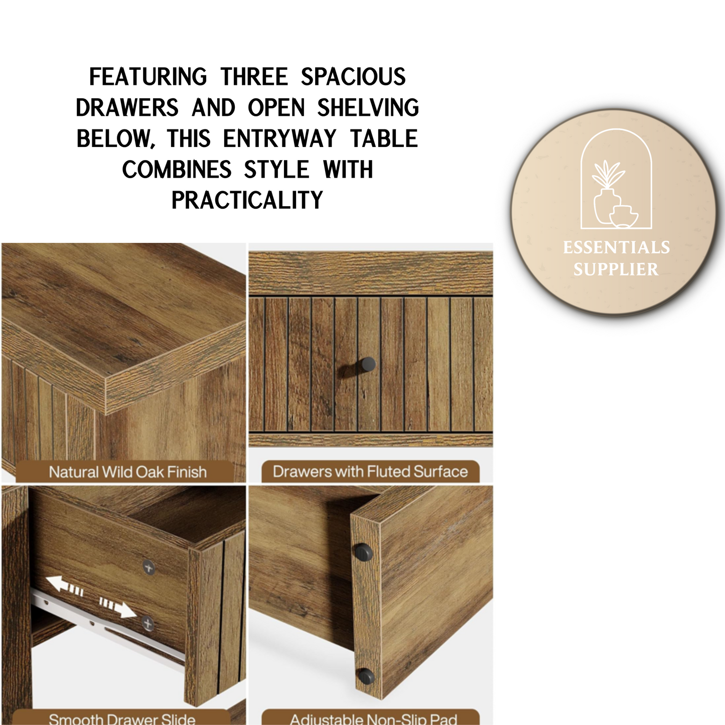 71" Oak Long Console Table – Fluted Drawers & Open Shelf Storage by Tribesigns