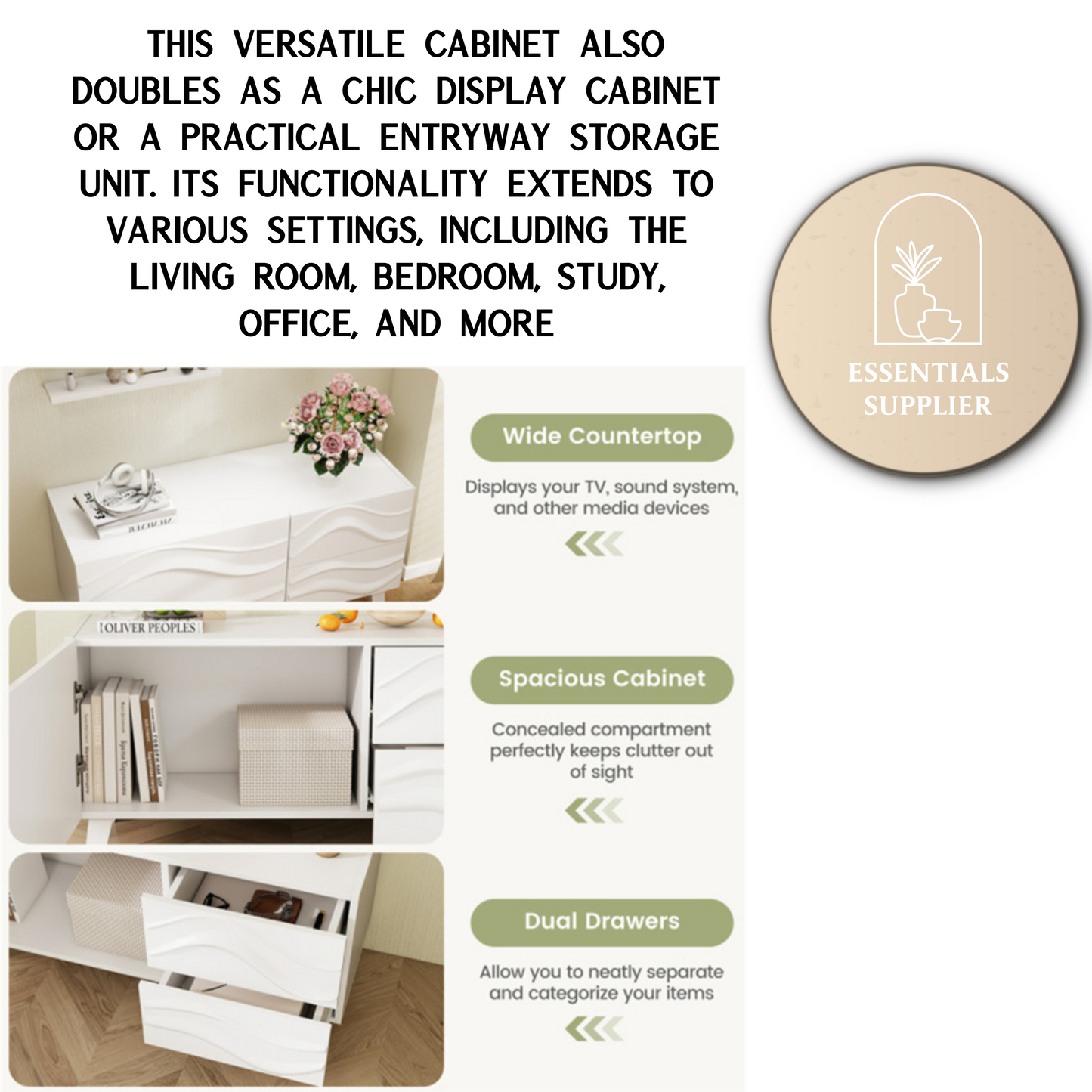 38" White TV Cabinet with Drawers – Stylish Media Console & Storage Stand
