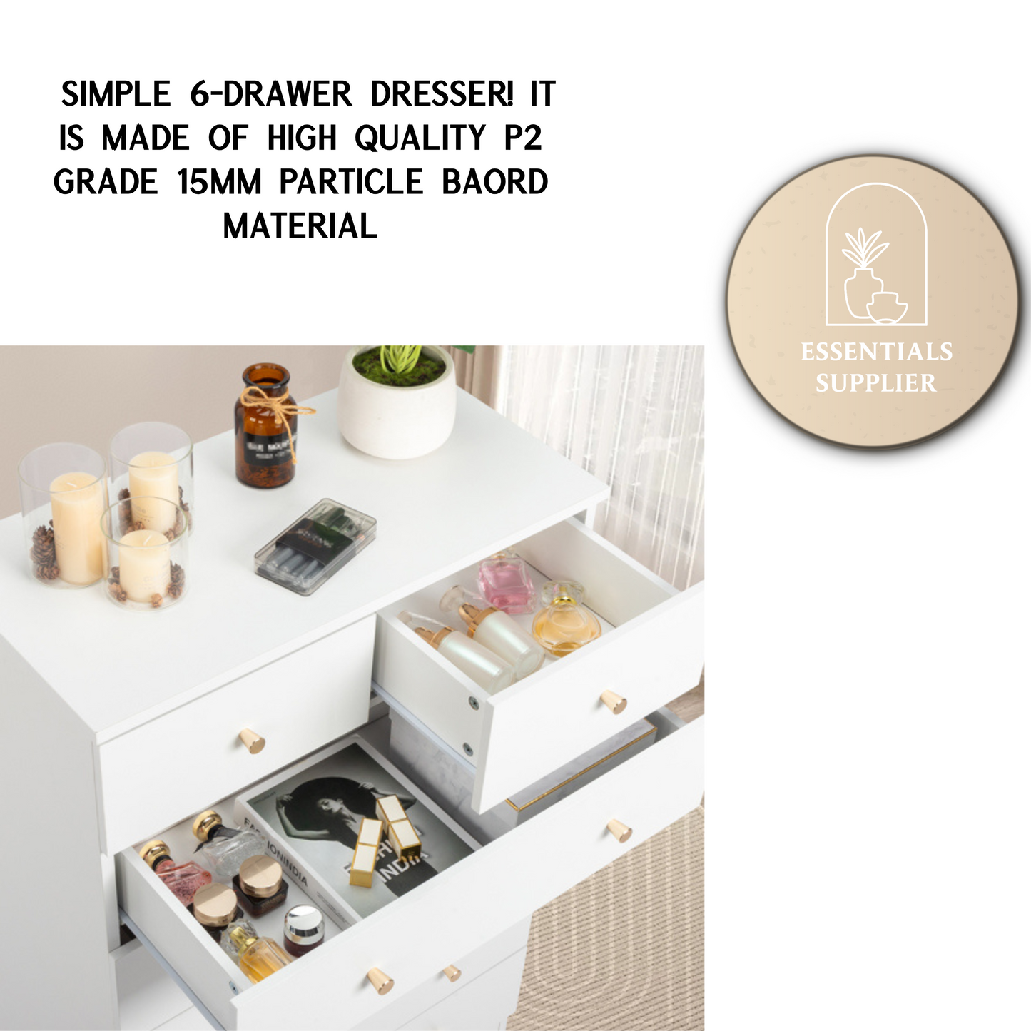 Modern White 6-Drawer Dresser – Minimalist Storage Cabinet for Bedroom or Living Room