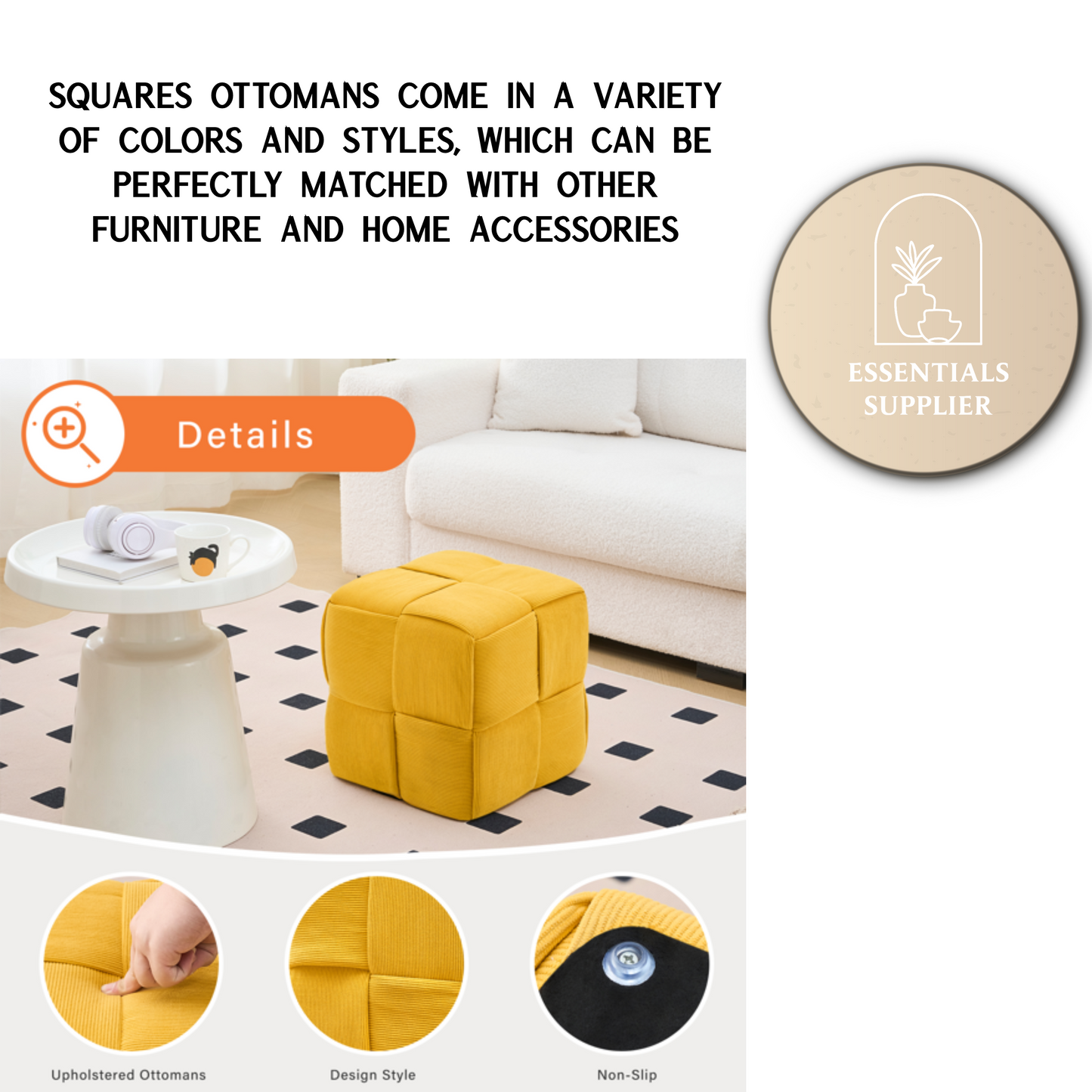 Yellow Corduroy Ottoman Vanity Stool – Square Footrest for Bedroom & Entryway