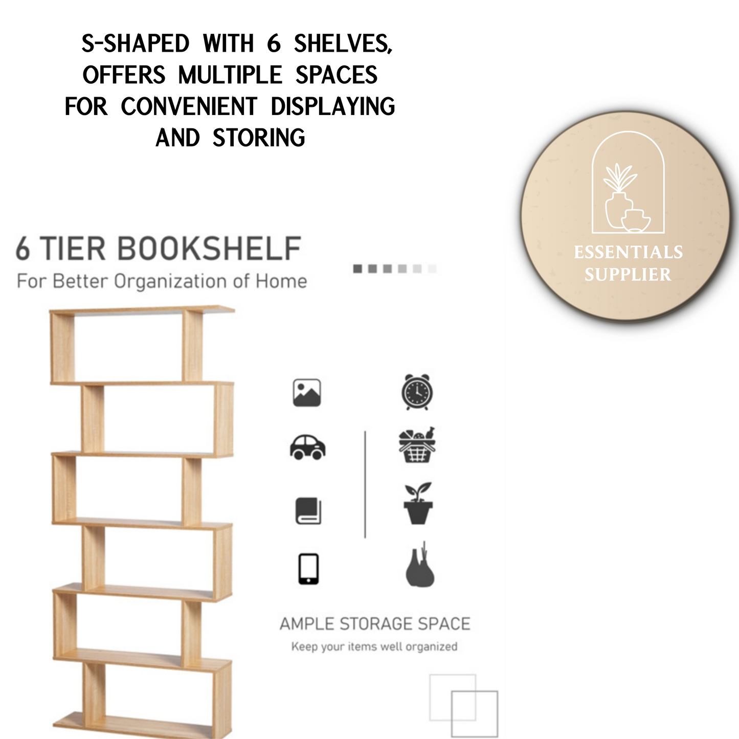 S-Shaped 6-Tier Oak Bookcase | Modern Display & Storage Shelf Cabinet