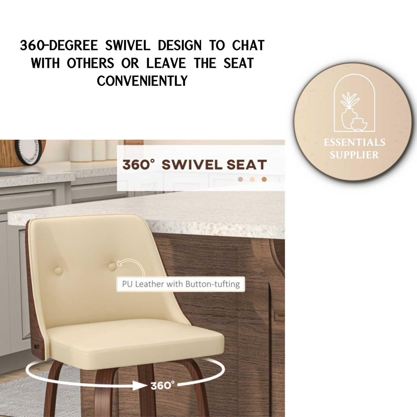 Set of 2 Beige PU Leather Wingback Swivel Bar Stools with Tufted Back & Footrest