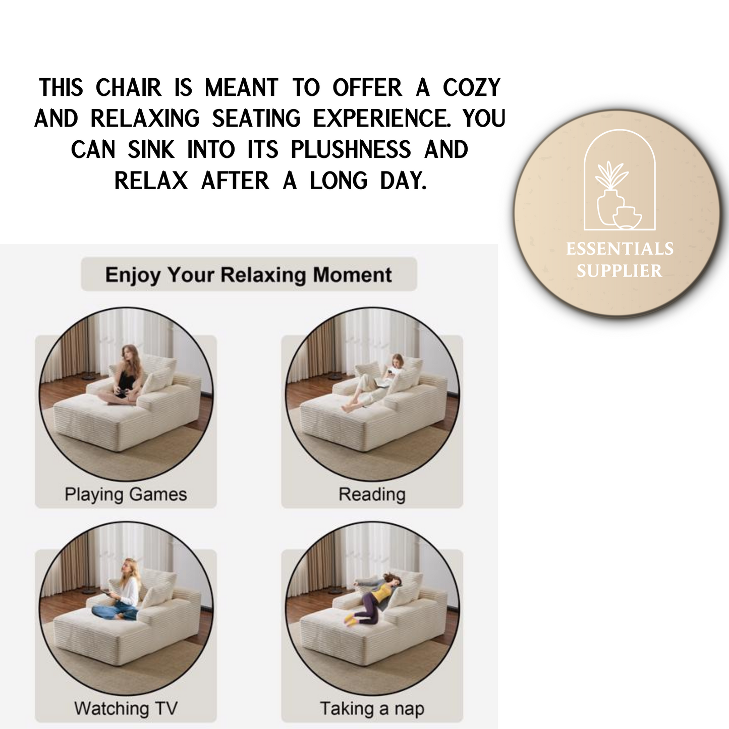 Oversized Chaise Lounge Chair – Plush Corduroy Cloud Couch with 3 Pillows, White