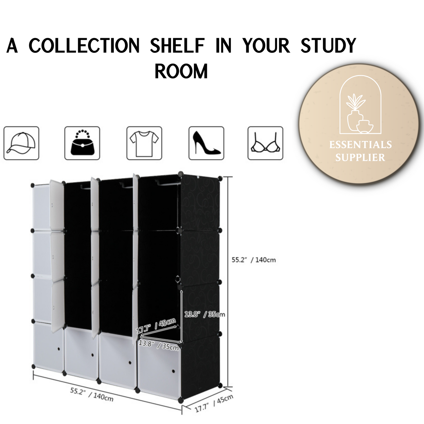 16-Cube Modular Closet Organizer with Hanging Rods, White Doors & Black Panels