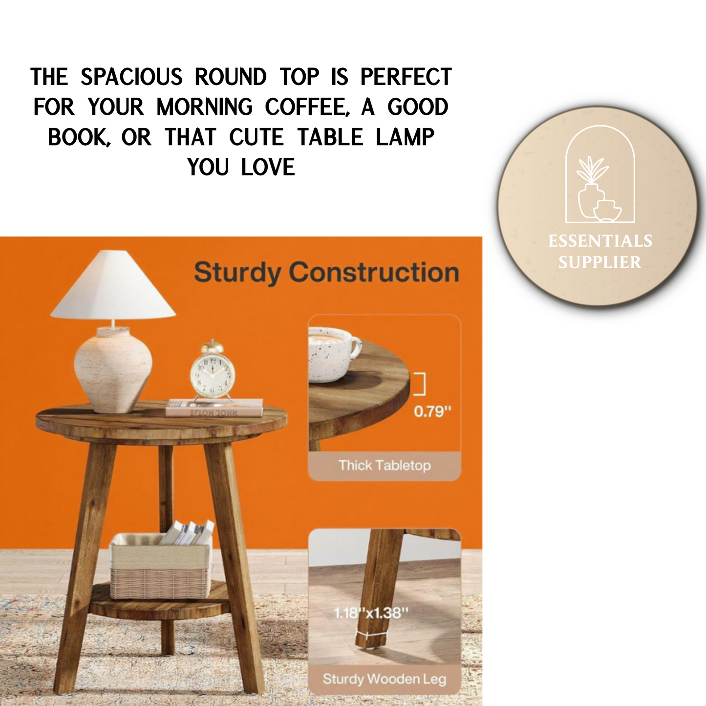 Rustic Solid Wood Round Side Table with Shelf – Natural Fir Coffee End Table