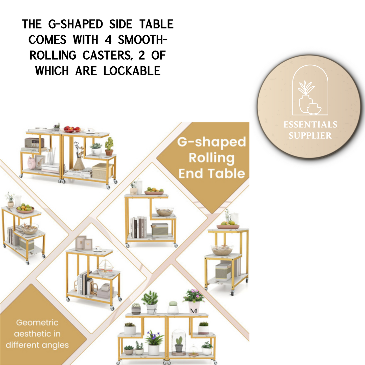 G-Shaped 3-Tier White End Table with Wheels – Mobile Storage Side Table