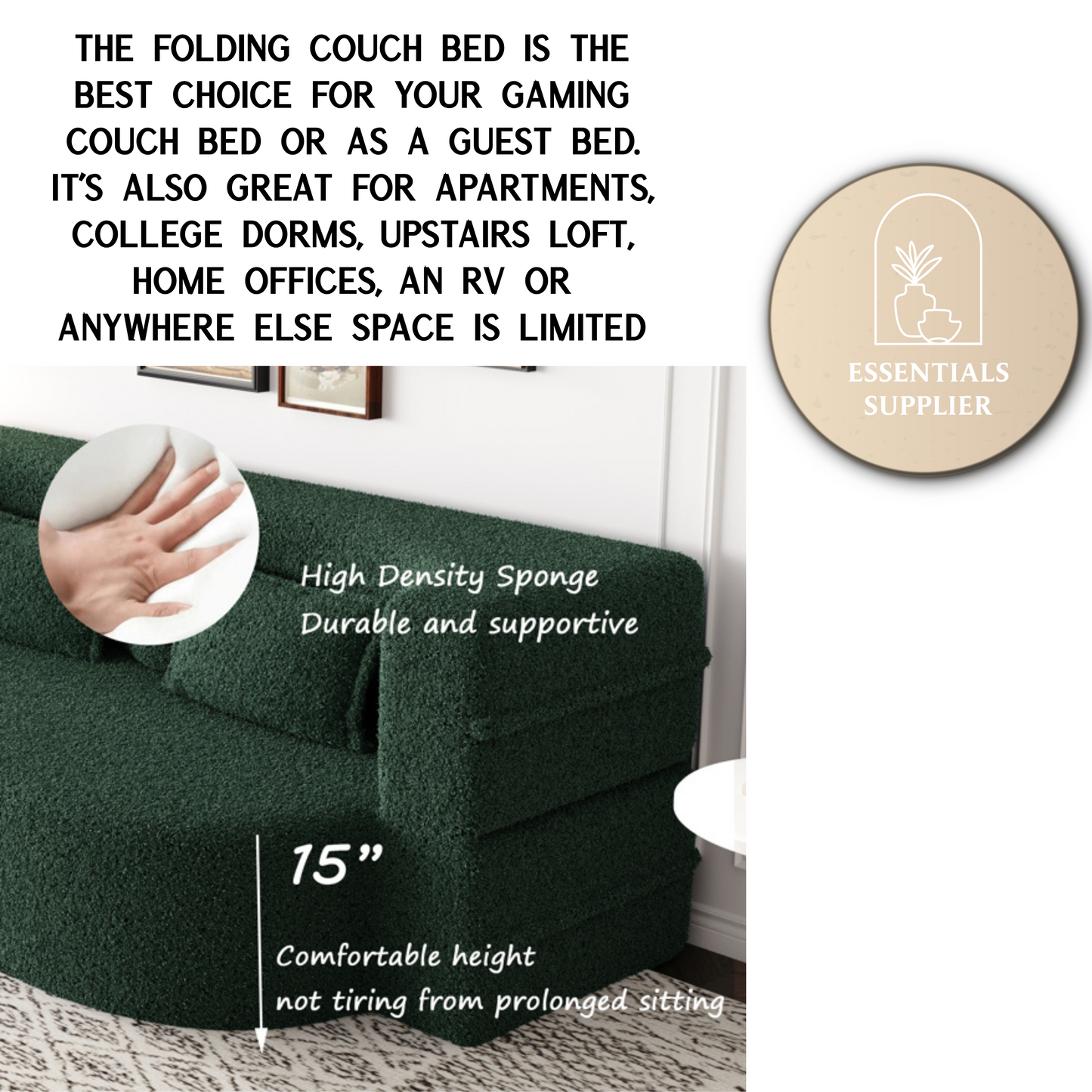 Green Teddy Fabric Convertible Floor Sofa Bed with 2 Pillows, Full Size 78"