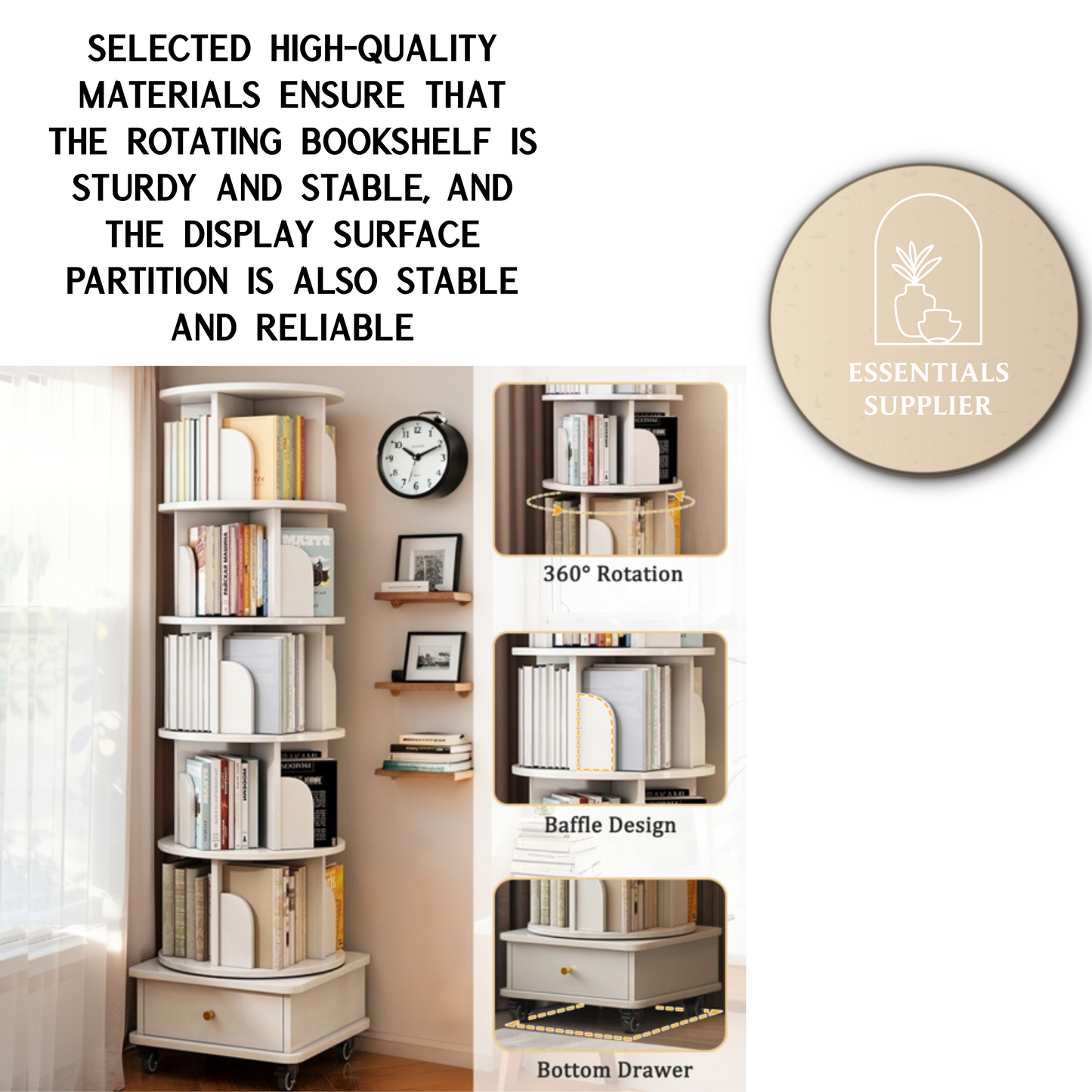 6-Tier 360° Rotating Bookshelf with Wheels & Drawer, Space-Saving Warm White
