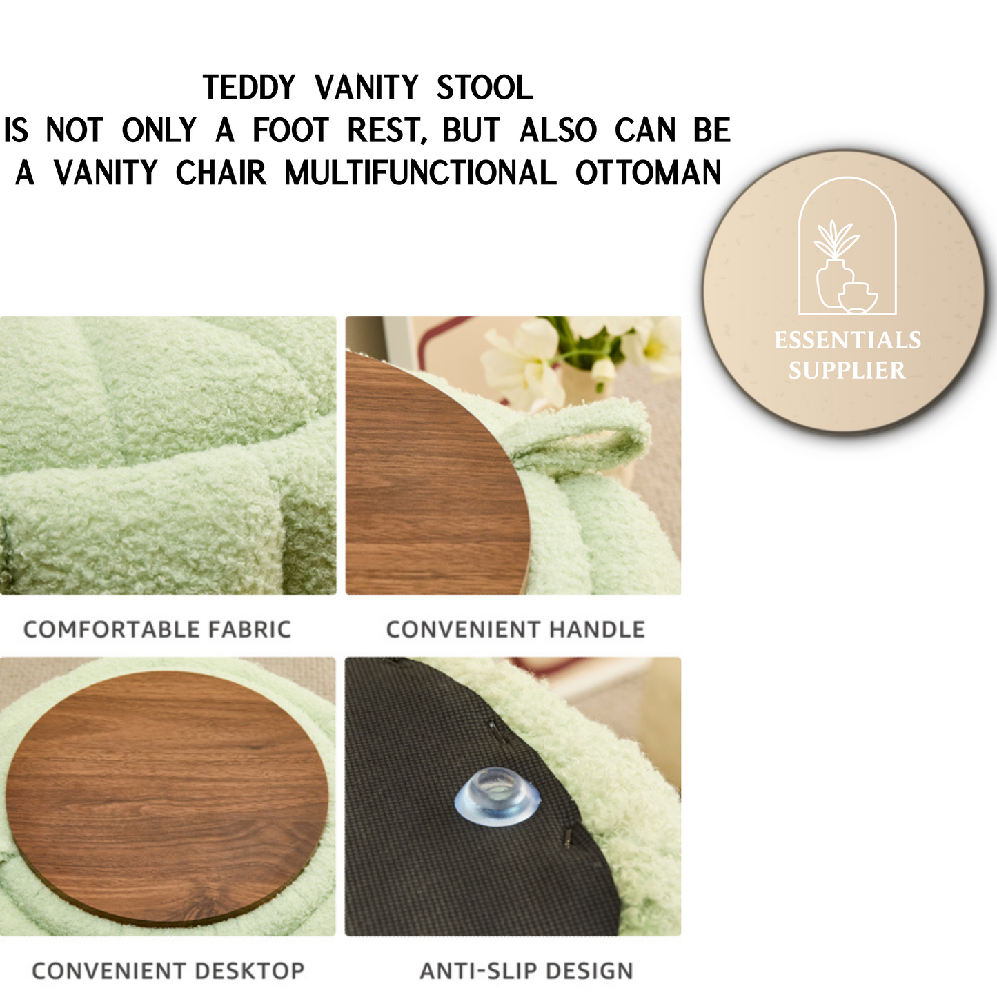 Teddy Velvet Ottoman with Storage, Round Padded Foot Stool for Makeup Room