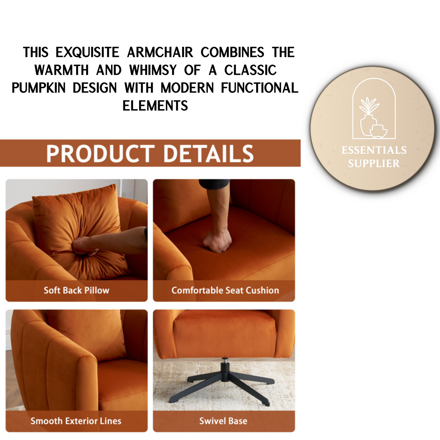 360° Swivel Velvet Accent Chair with Fluffy Cushion – Burnt Orange