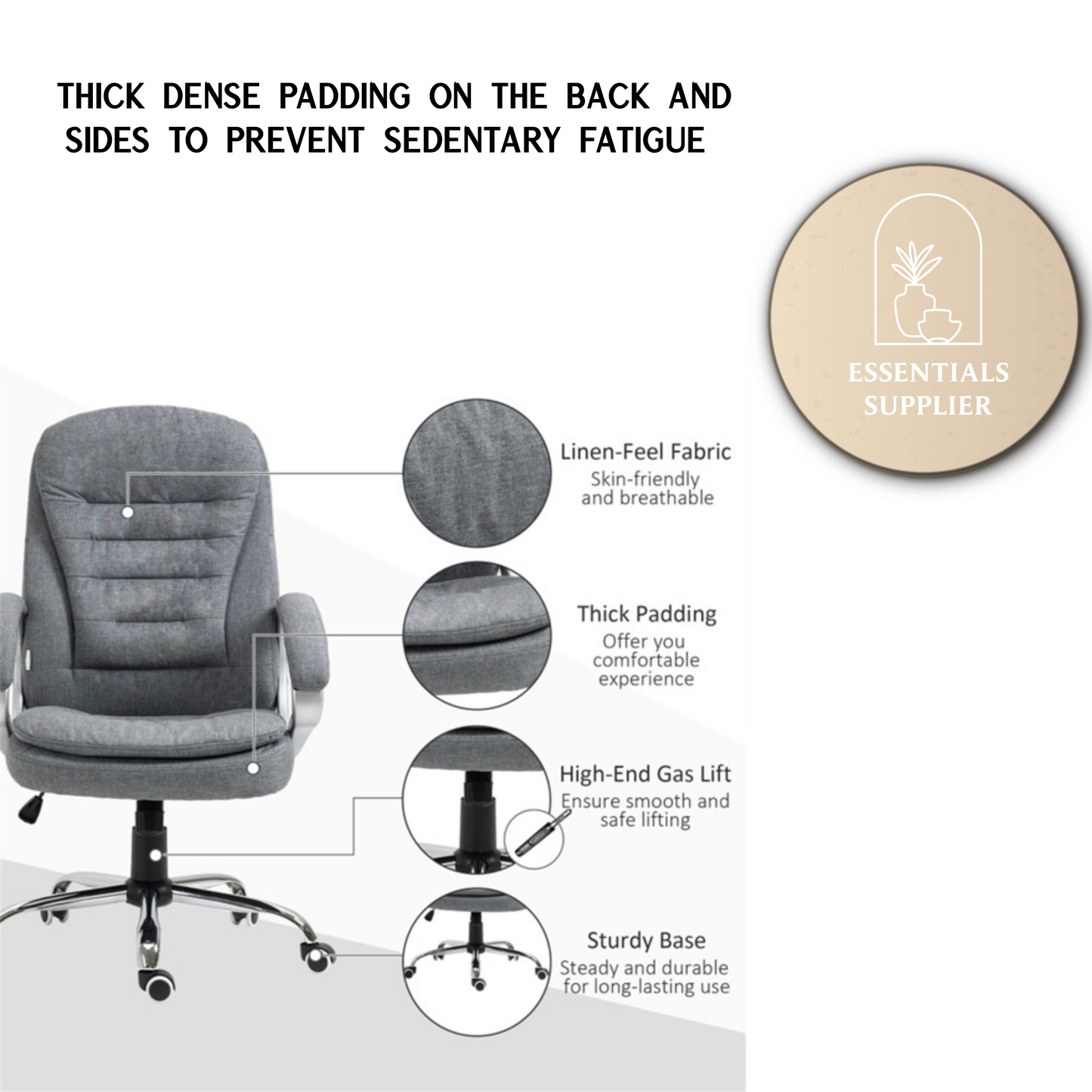 Grey High-Back Linen Office Chair with Lumbar Support & Adjustable Height