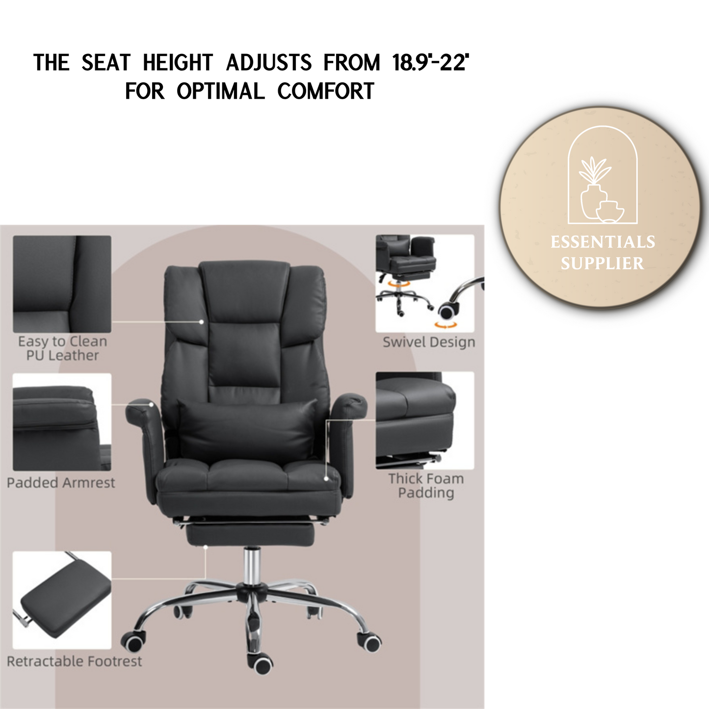 Black Massage Office Chair with Reclining Back, Footrest & PU Leather Finish