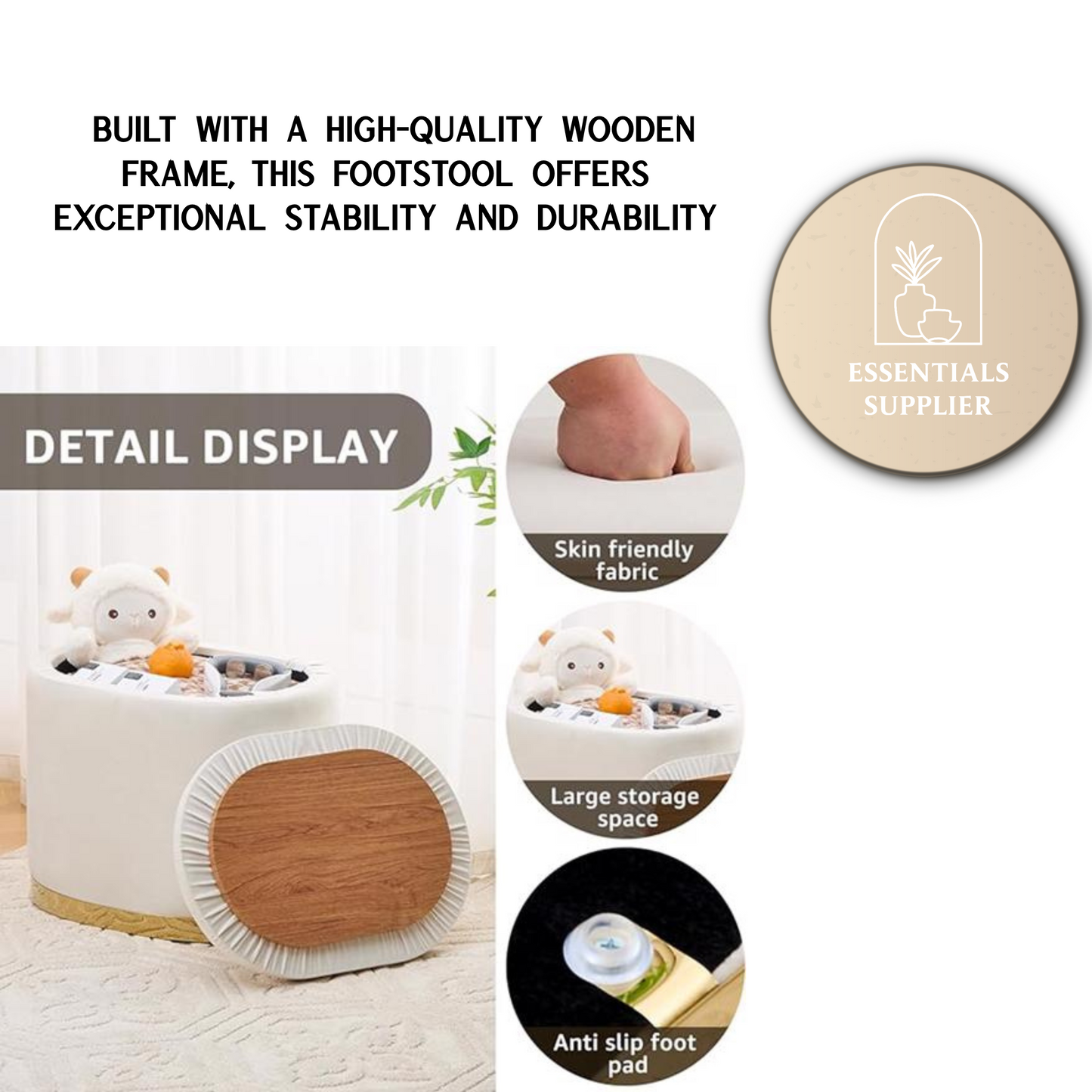 Round Storage Ottoman with Flip-Top Lid – Cream Upholstered Stool