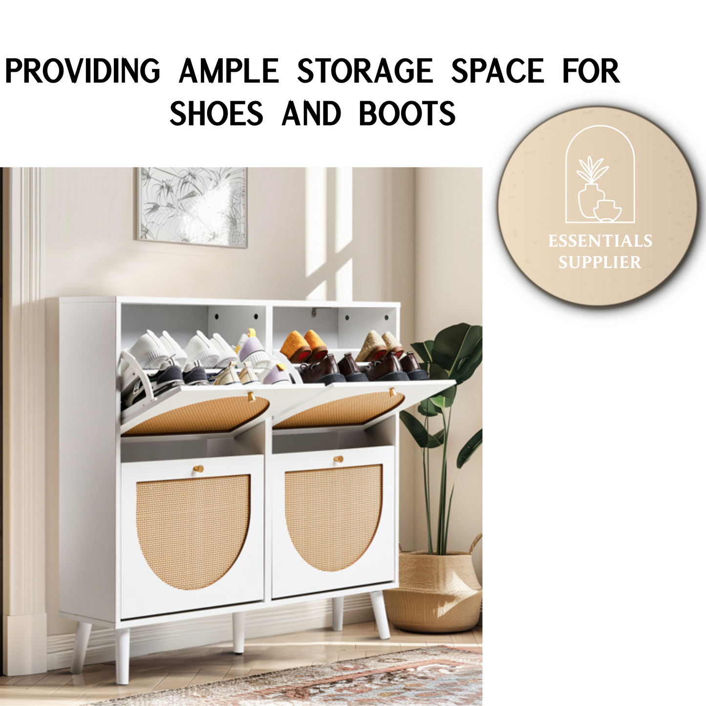 2-Row 4-Bucket Rattan Shoe Cabinet, White & Wood Finish w/ Gold High Legs