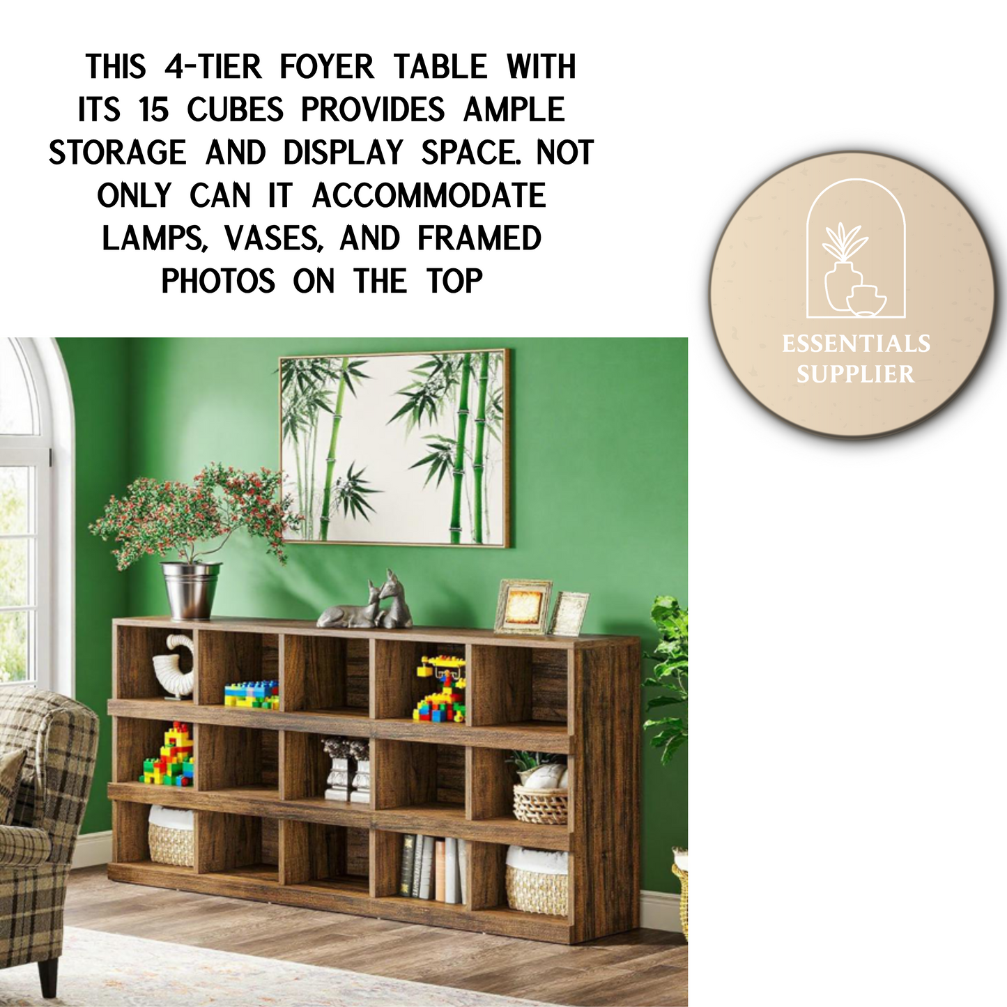 71" Rustic Brown Farmhouse Console Table – 4-Tier, 15-Cube Storage by Tribesigns