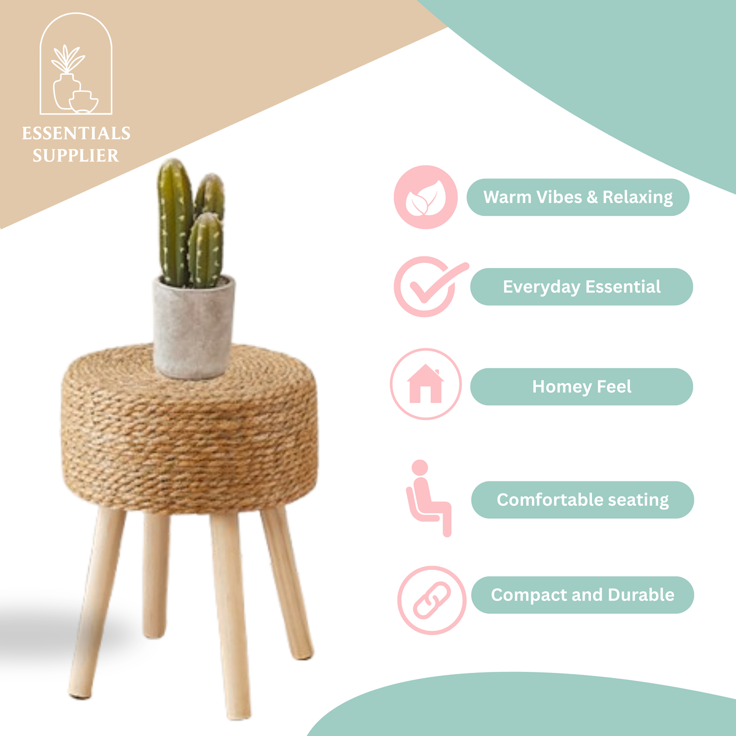 Essentials Supplier Seagrass Ottoman Footstool – Solid Wood Legs, Handwoven