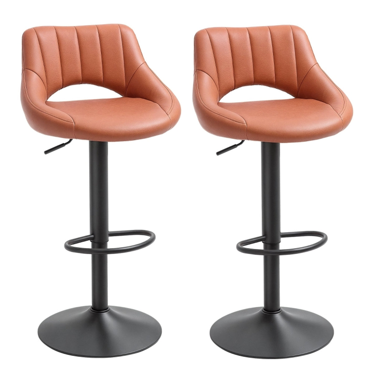 Set of 2 Adjustable Bar Stools – Brown PU Leather Swivel Chairs with Footrest