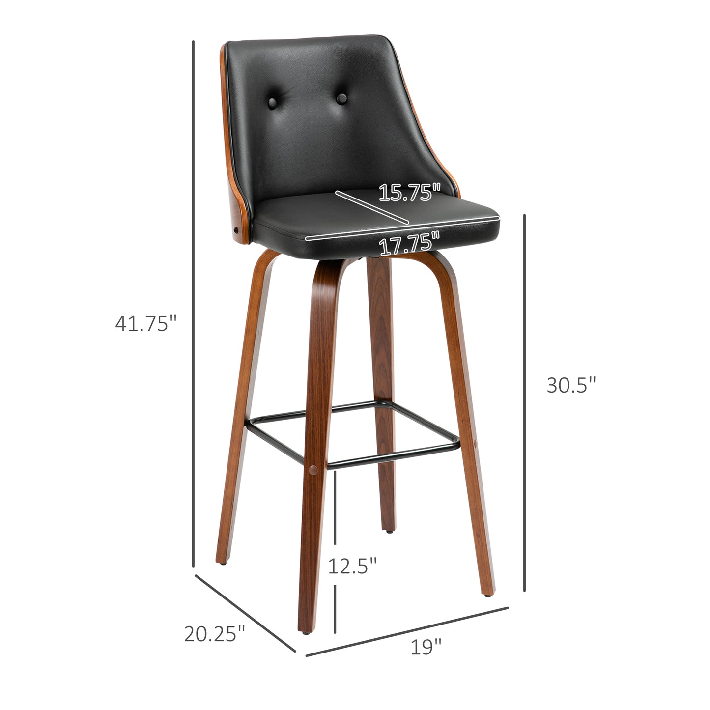 Set of 2 Black PU Leather Wingback Swivel Bar Stools with Tufted Back & Footrest
