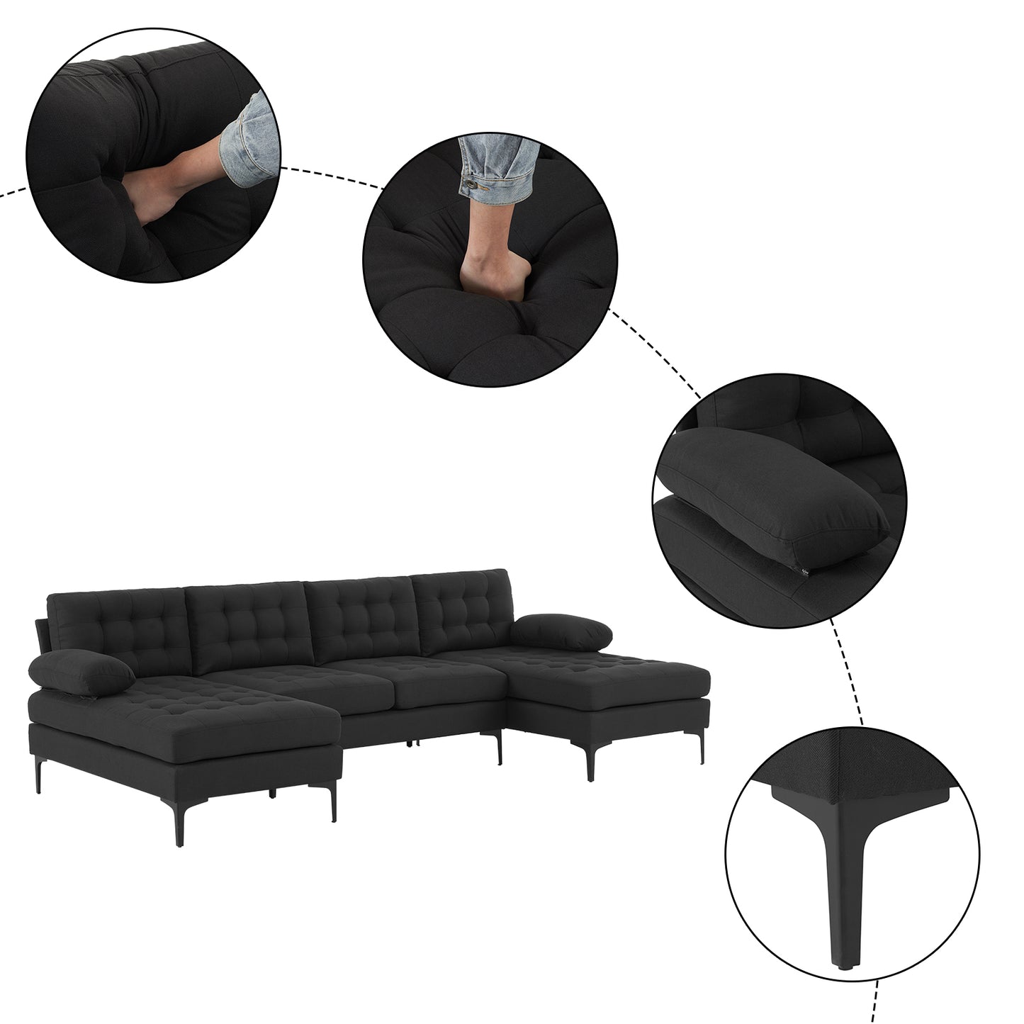 U-Shaped Sectional Sofa – Black Upholstery, Wooden & Iron Frame with Black L
