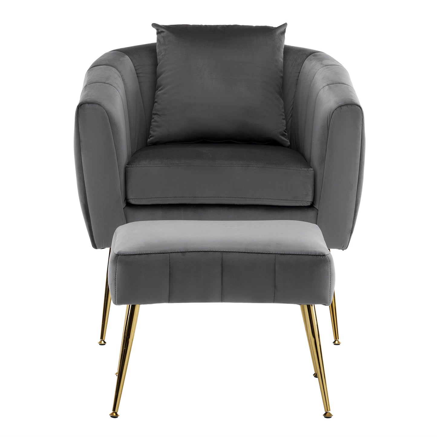 Velvet Barrel Chair with Ottoman & Lumbar Pillow – Gray Accent Set