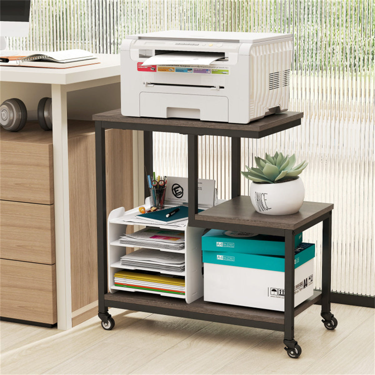 G-Shaped 3-Tier Gray End Table with Wheels – Mobile Storage Side Table