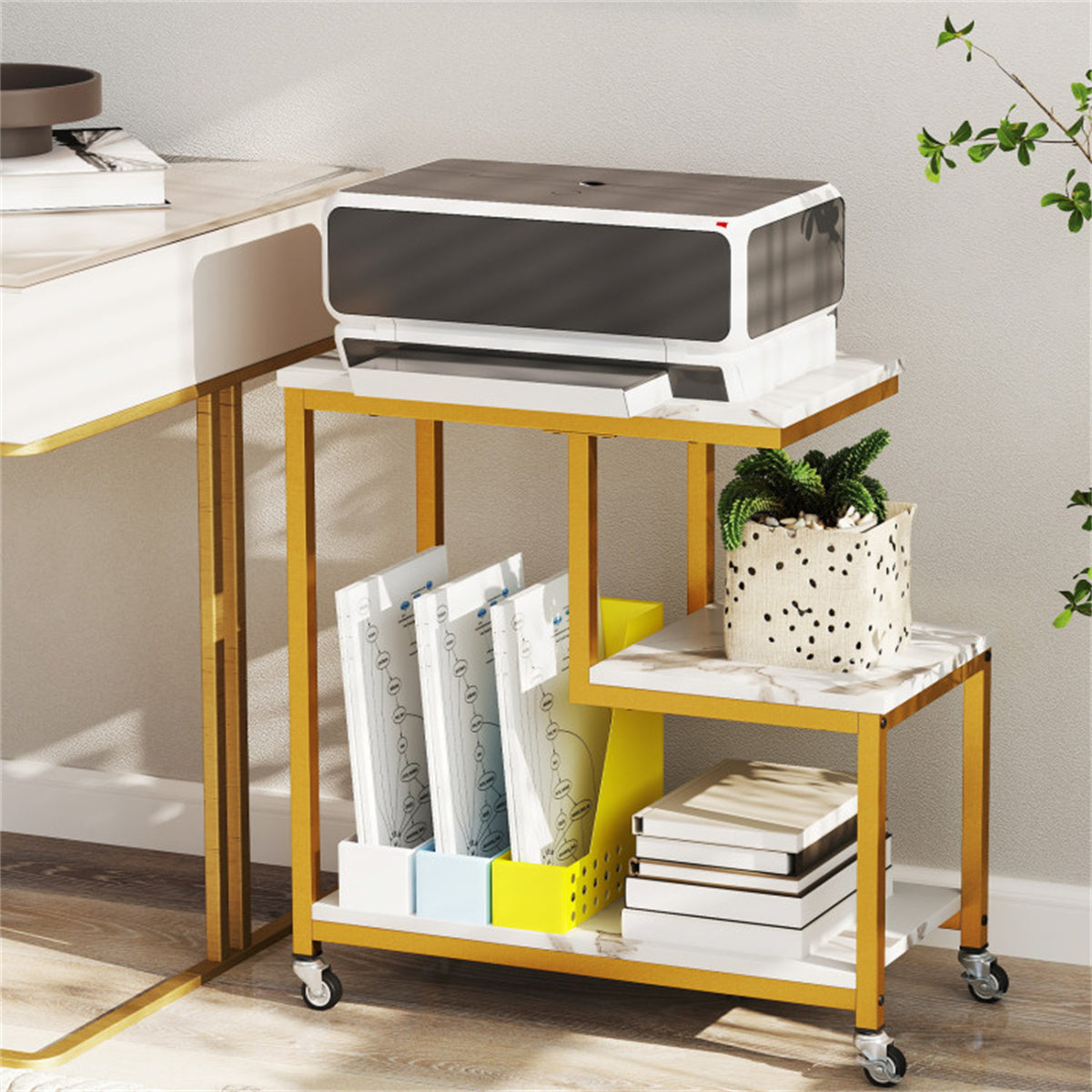G-Shaped 3-Tier White End Table with Wheels – Mobile Storage Side Table